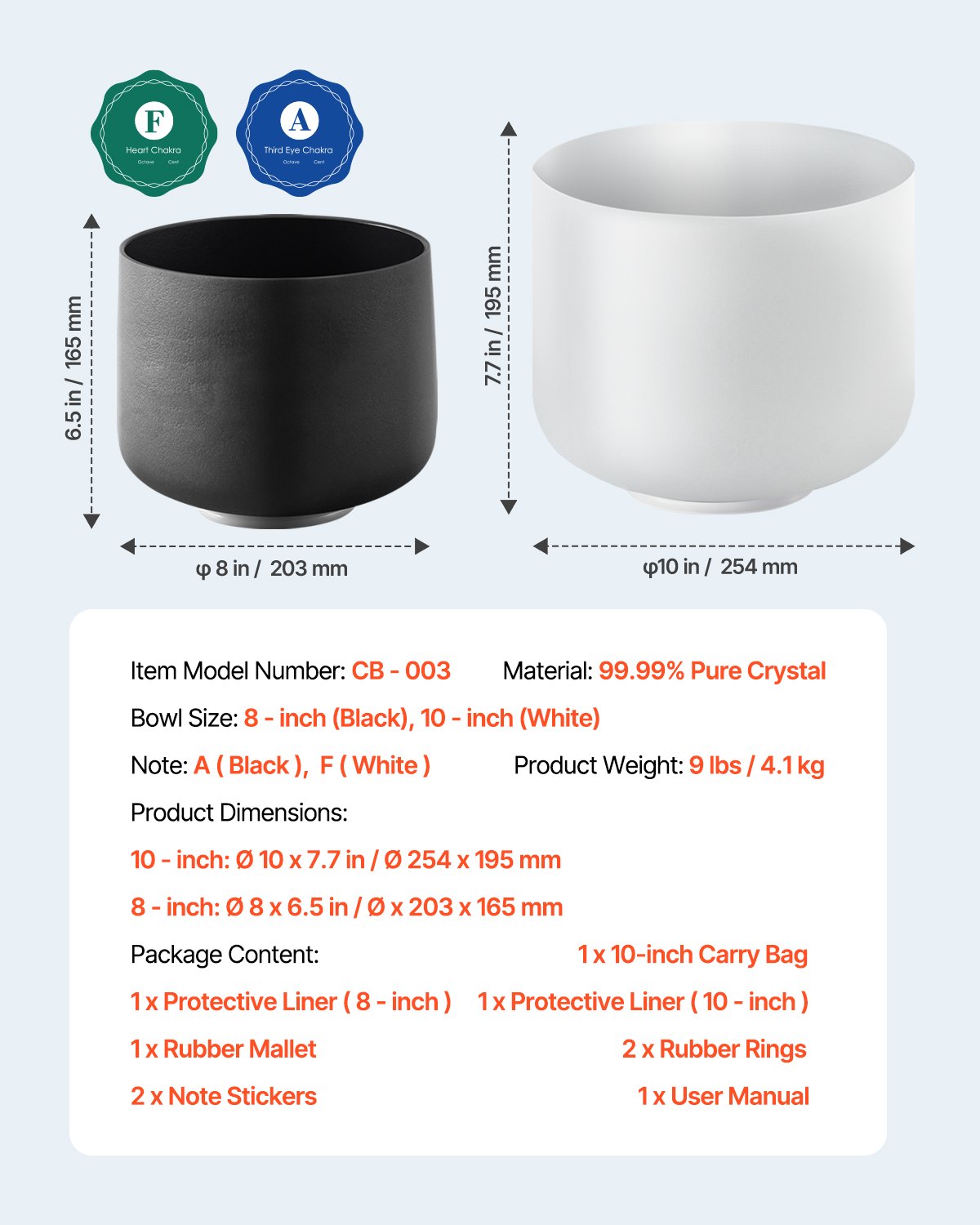 2PCS Crystal Singing Bowls, 8-inch and 10-inch A & F Note Singing Bowls, Frosted Quartz Bowl with 10" Carrying Bag, 1 Rubber Mallet and 2 O-Rings, Ideal for Meditation Yoga Sound Healing