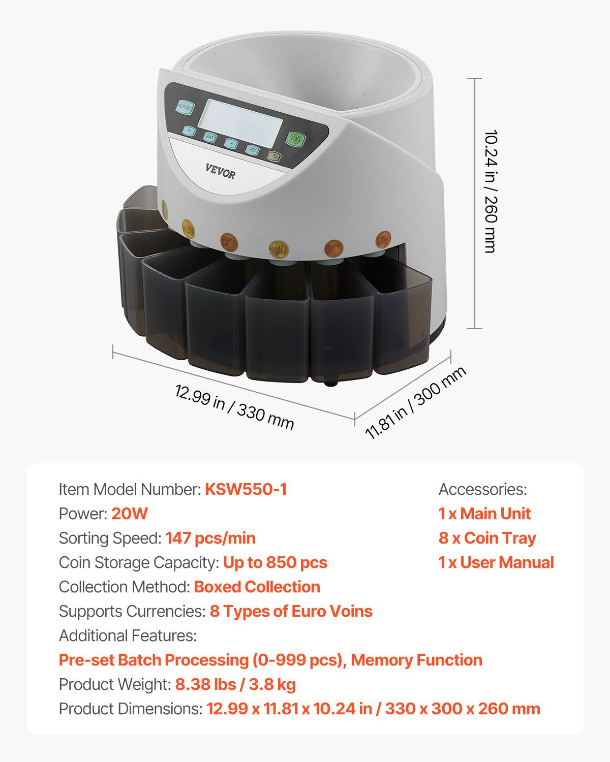 EURO Coin Sorter, Coin Counter Machine for 8 Kinds of Euro Coins, Coin Sorter and Wrapper Machine Holds up to 850 Coins, Large LCD Display Coin Storage Included 5 Coin Tubes and Boxes