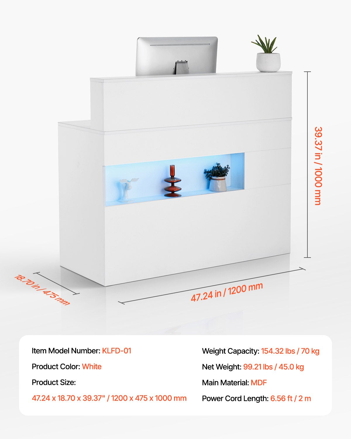 Reception Desk, 47.24 x 18.7 x 39.37 in Rectangular Front Counter Table, Office Reception Desk with LED Light, 2 Drawers and Power Outlets, for Checkout, Lobby, Beauty Salon and Office, White