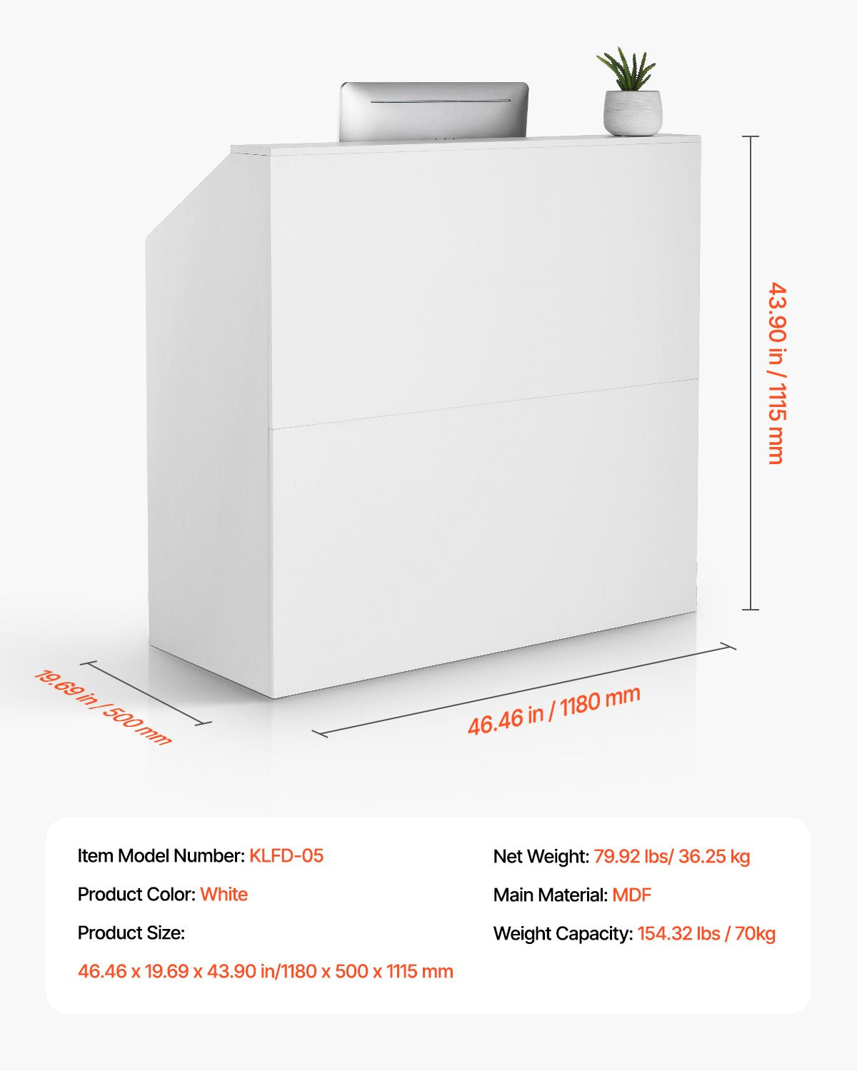 Receptionsdisk, 114 x 49 x 119 cm Rektangulärt frontbord, kontorsreceptionsdisk, butiksdisk och frontreceptionsdisk, för kassa, lobby, skönhetssalong och kontor, vit