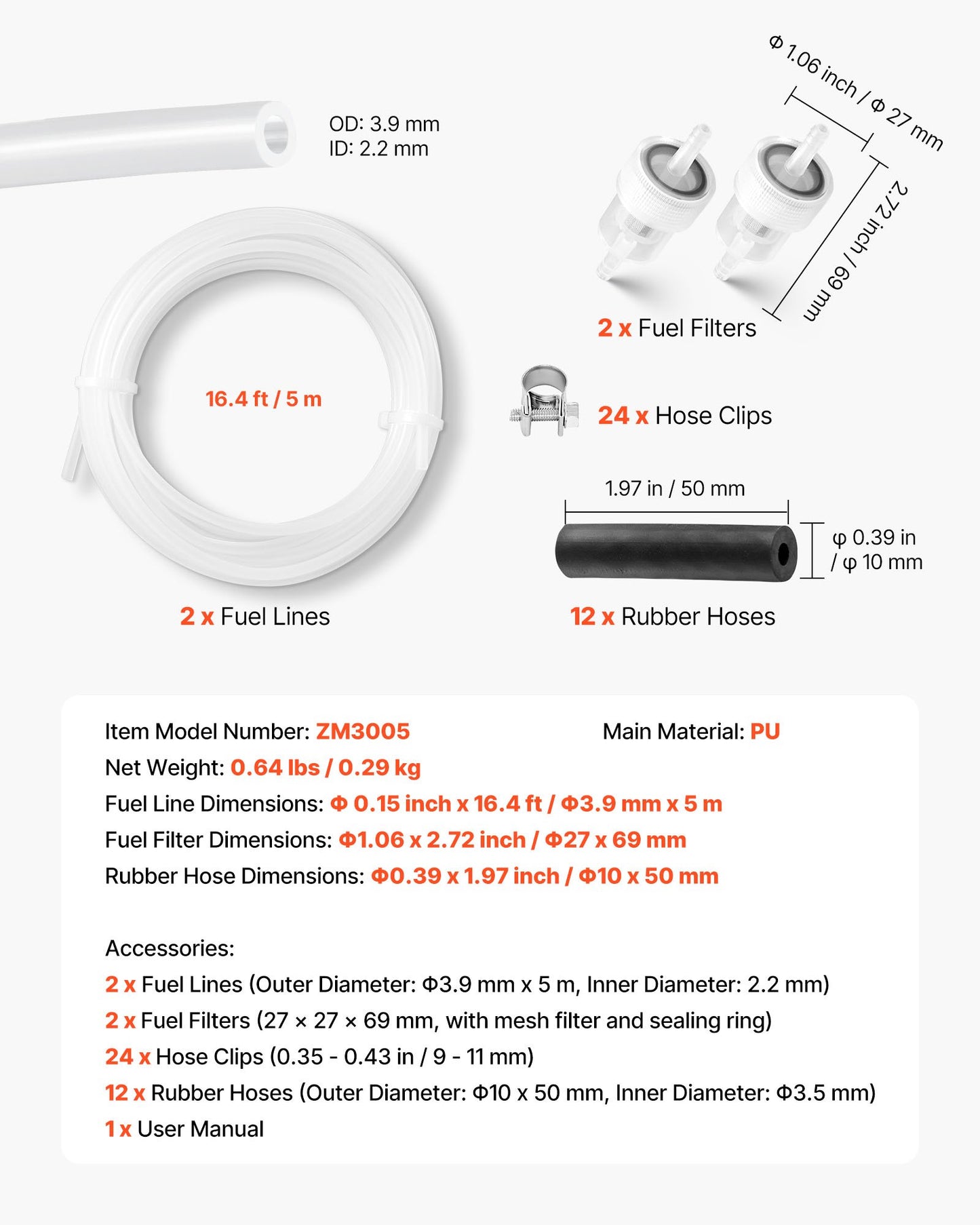 Bränsleslangssats, 5000 mm bränsleledningssats för dieselvärmare, utbytbara bränsleledningssatser för parkeringsvärmare med ledningar, filter, klämmor och slangar, tillbehör till tankdieselvärmare för 2KW, 5KW och 8KW värmare