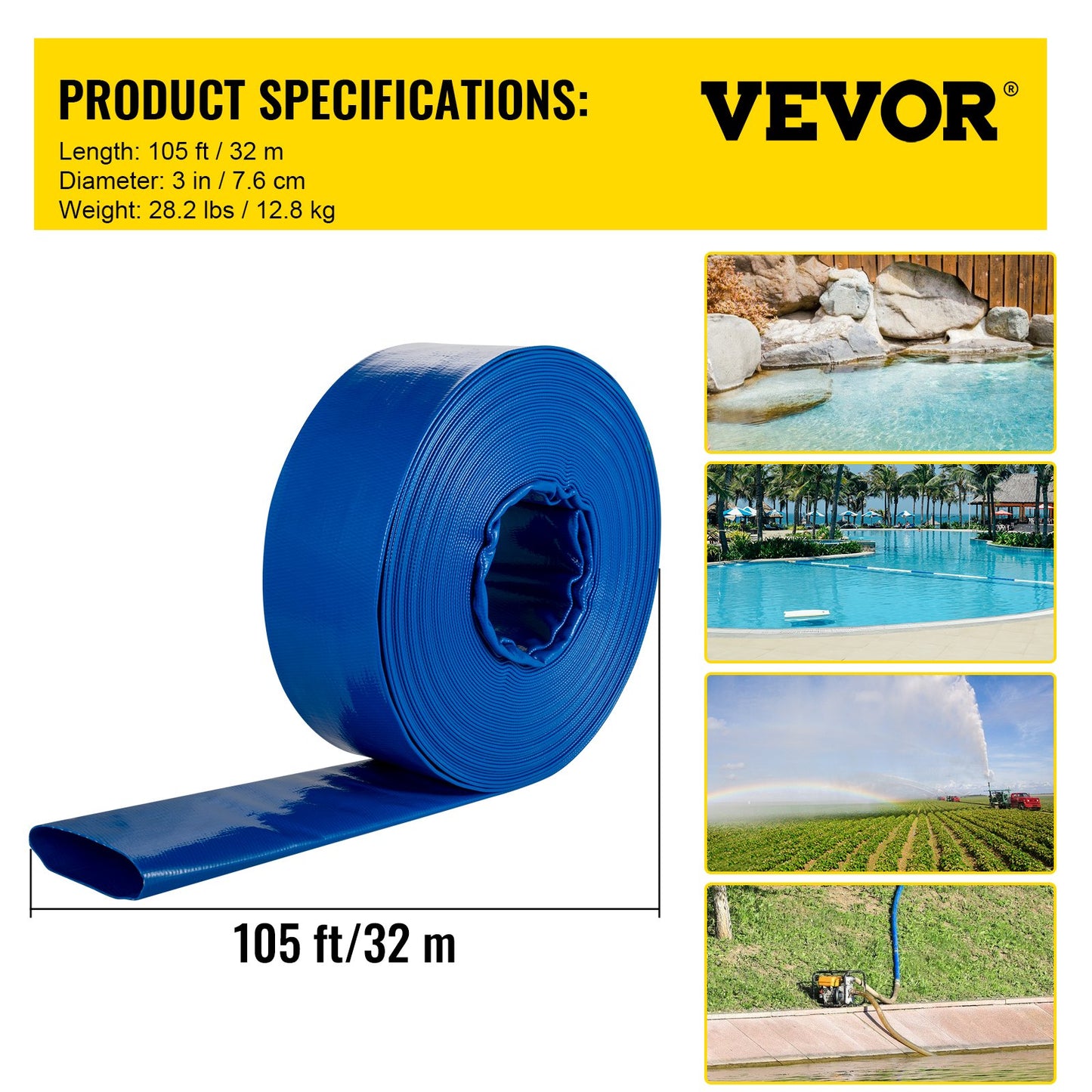 Discharge Hose, 3\" x 105\', PVC Lay Flat Hose, Heavy Duty Backwash Drain Hose with Clamps, Weather-proof & Burst-proof, Ideal for Swimming Pool & Water Transfer, Blue