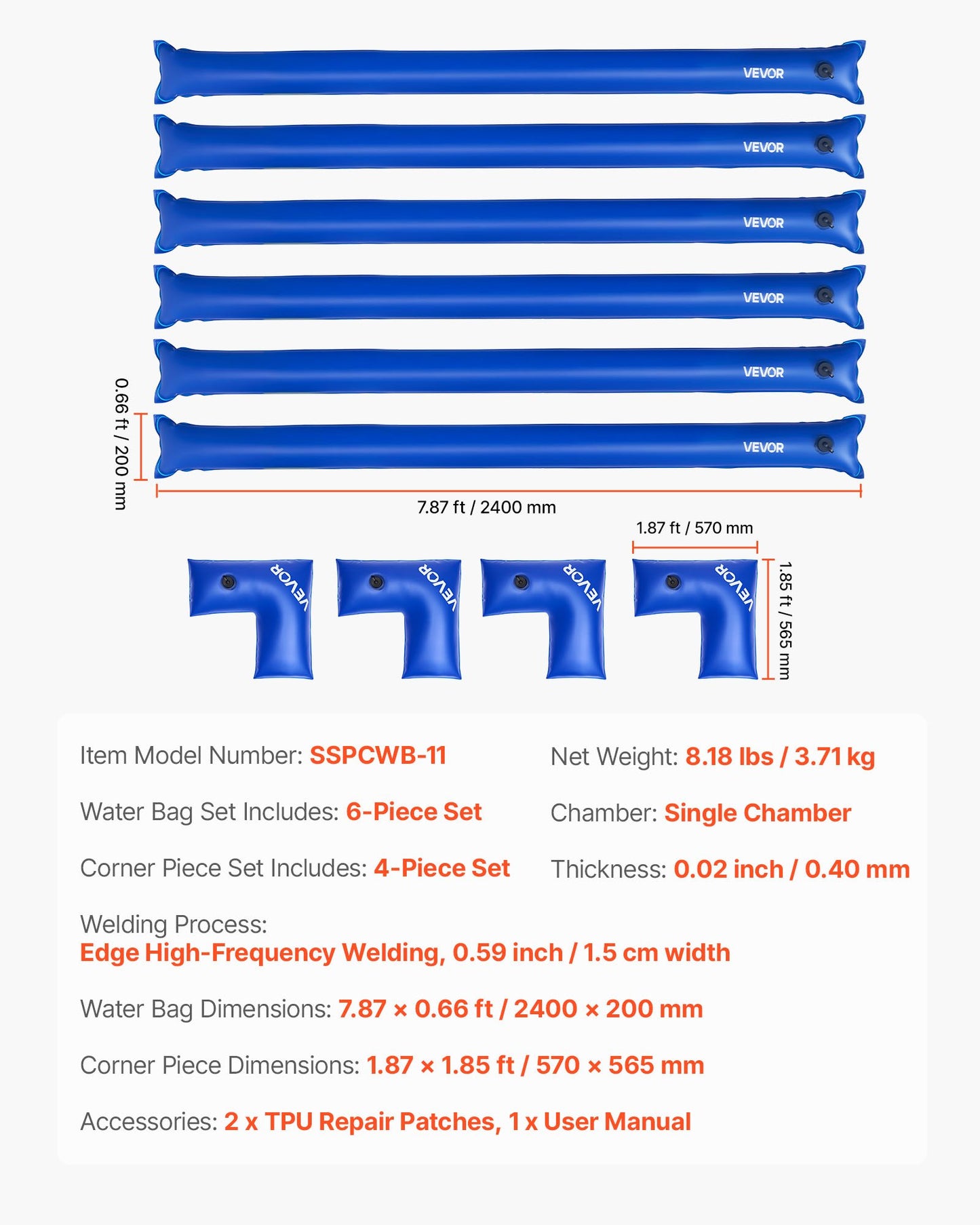 Pool Cover Water Bags Set, 6 Packs 2400 mm Single Chamber Pool Cover Water Bags & 4 Corner Tubes, 0.4mm Thick PVC Bag Weights with Leakproof Valve, for Winter Inground Swimming-Pool Covers