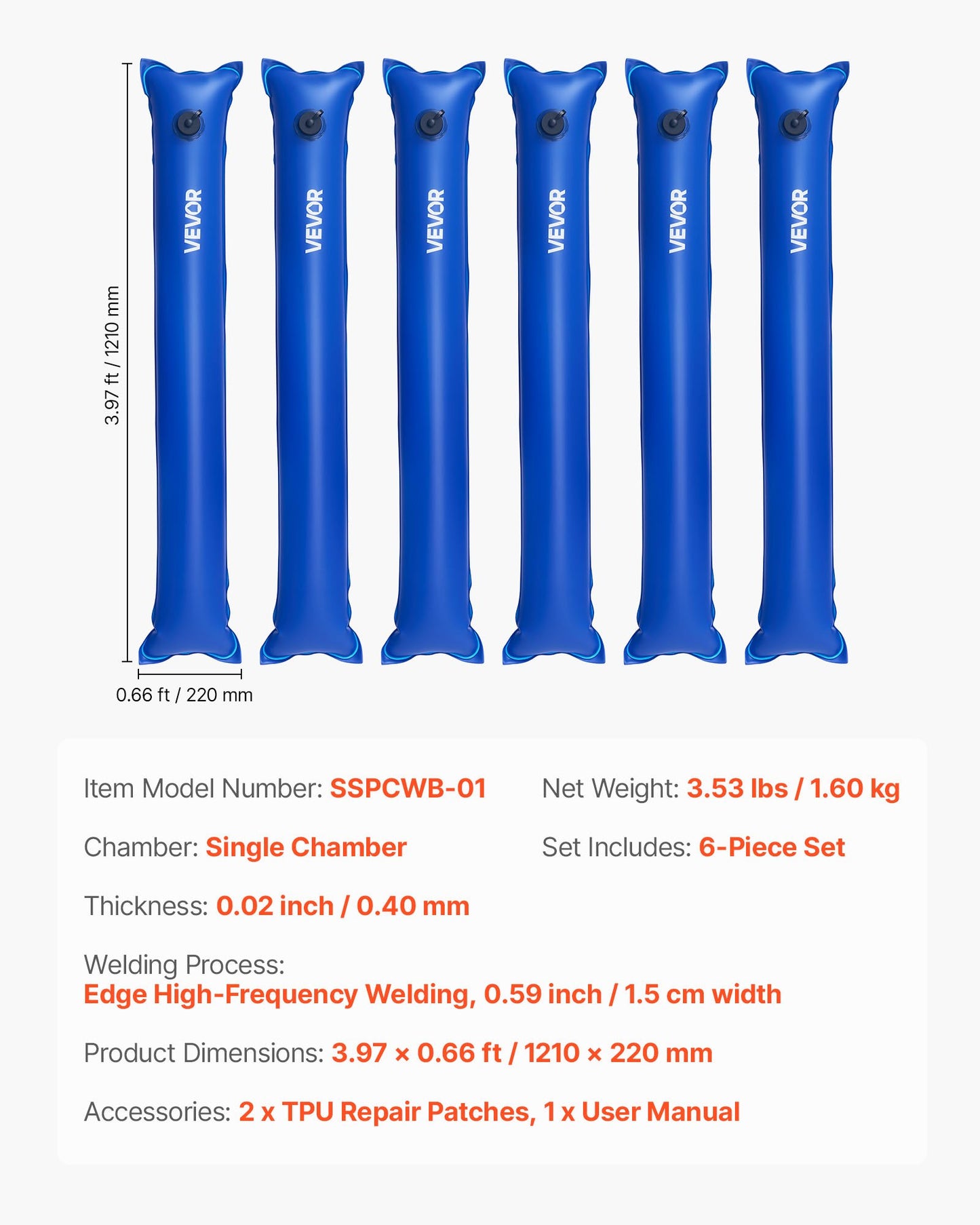 Poolskyddspåsar, 6-pack 1220 mm, Enkelkammarslangar för poolskydd, 0,4 mm tjocka PVC-vikter med läckagesäkert skruvlock, för nedgrävda poolskydd, vinterstängning, blå