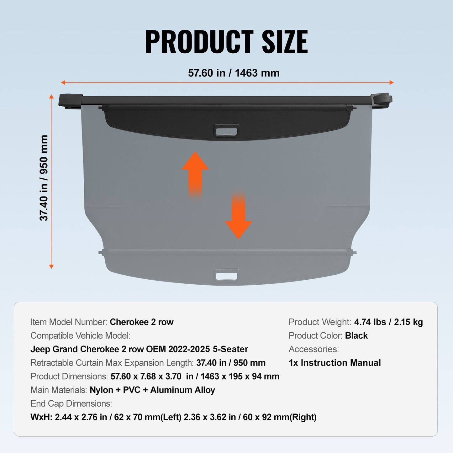 Retractable Cargo Cover, Upgraded Waterproof Trunk Cover Security Shield Shade for Jeep Grand Cherokee 2 Row 2022-2025 5-Seater, UV Proof Rear Trunk Cover Aluminum Alloy & PVC Leather Texture