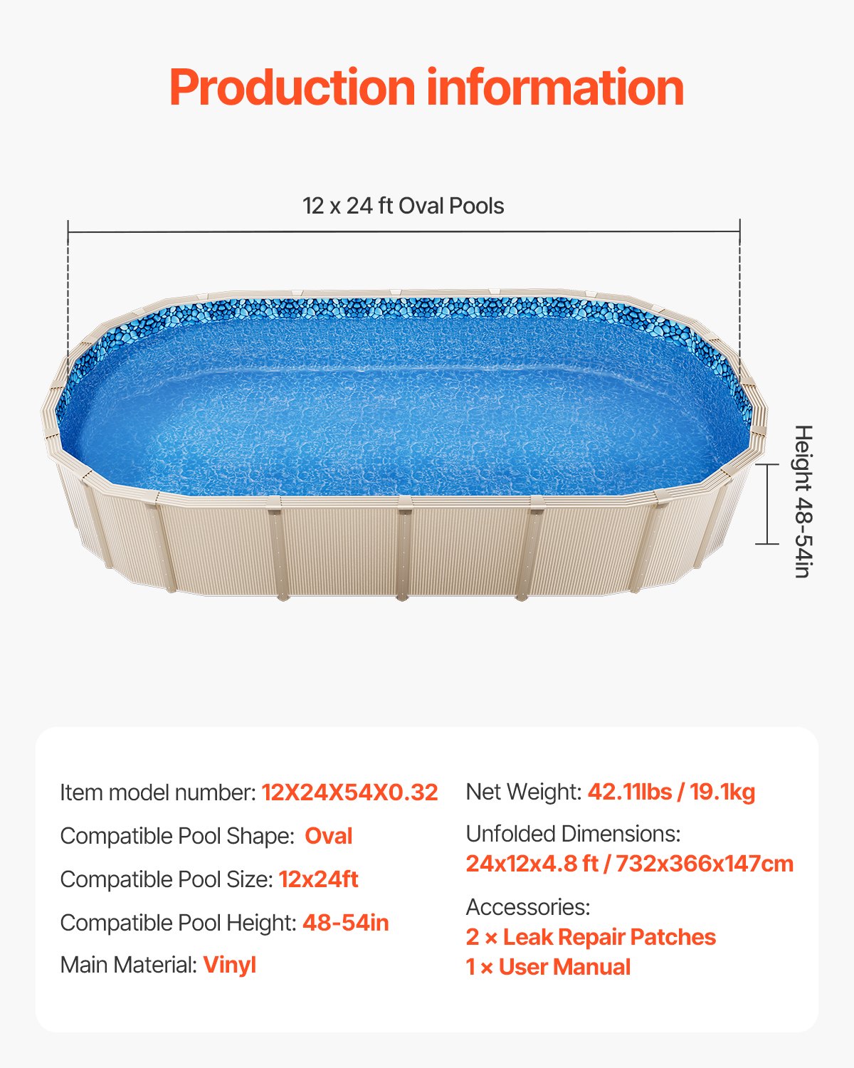 12 x 24 ft Oval Pool Liner, Overlap Style Above Ground Pool Liners, 48-to-54inch Wall Height, Durable Pool Liner, Standard Gauge Vinyl, for Steel Sided Above-Ground Swimming Pools