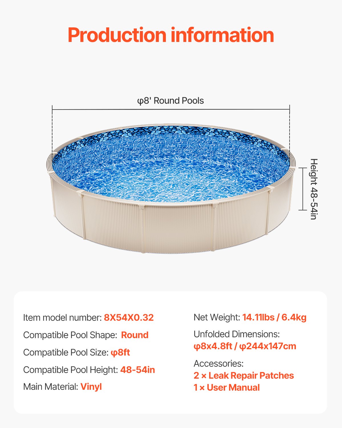 8-ft Round Above Ground Pool Liner, Overlap Pool Liners, Standard Gauge Vinyl, 48-to-54inch Wall Height, Designed for Steel Sided Above-Ground Swimming Pools