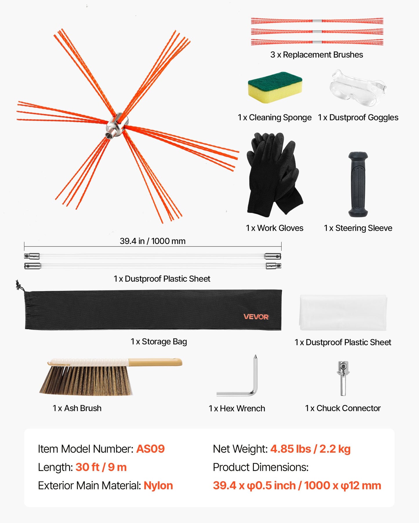 Sotarsats, 9 m maximal utdragbar skorstenssotare, skorstensrengöringsats med borstbyten och skyddsglasögon, 90° böjbart eldstadsrengöringsverktyg, för fyrkantiga, rektangulära skorstenar