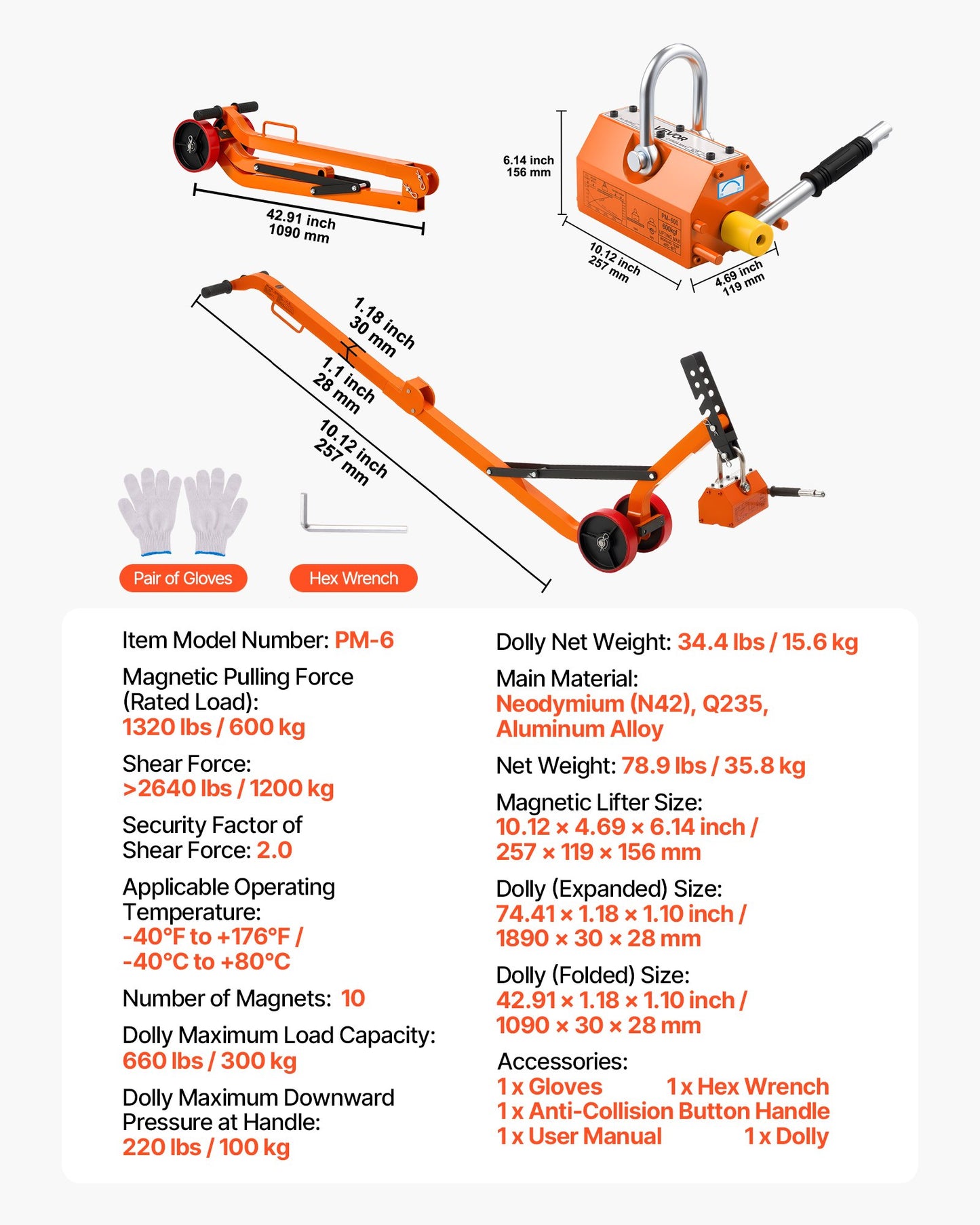 Magnetic Lid Lifter Dolly, 600 kg Pulling Capacity, Steel Dolly with Heavy Duty Magnet Lift and 2 Wheels, Adjustable Handle, N42 Neodymium, Foldable and Portable, for Lifting Manhole Covers
