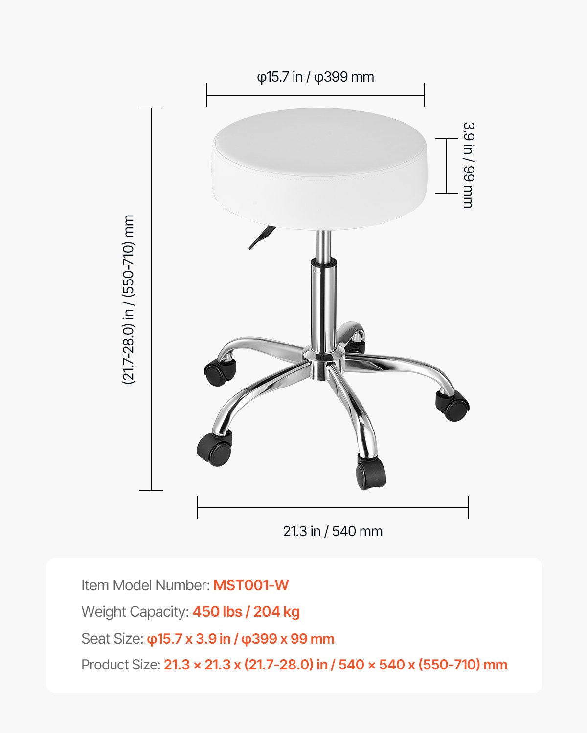 Rolling Stool with Wheels, 450 LBS Weight Capacity Round Rolling Stool Chair, Height Adjustable Thickened PU Leather Swivel Stool for Salon, Spa, Massage, Tattoo, Clinic, White