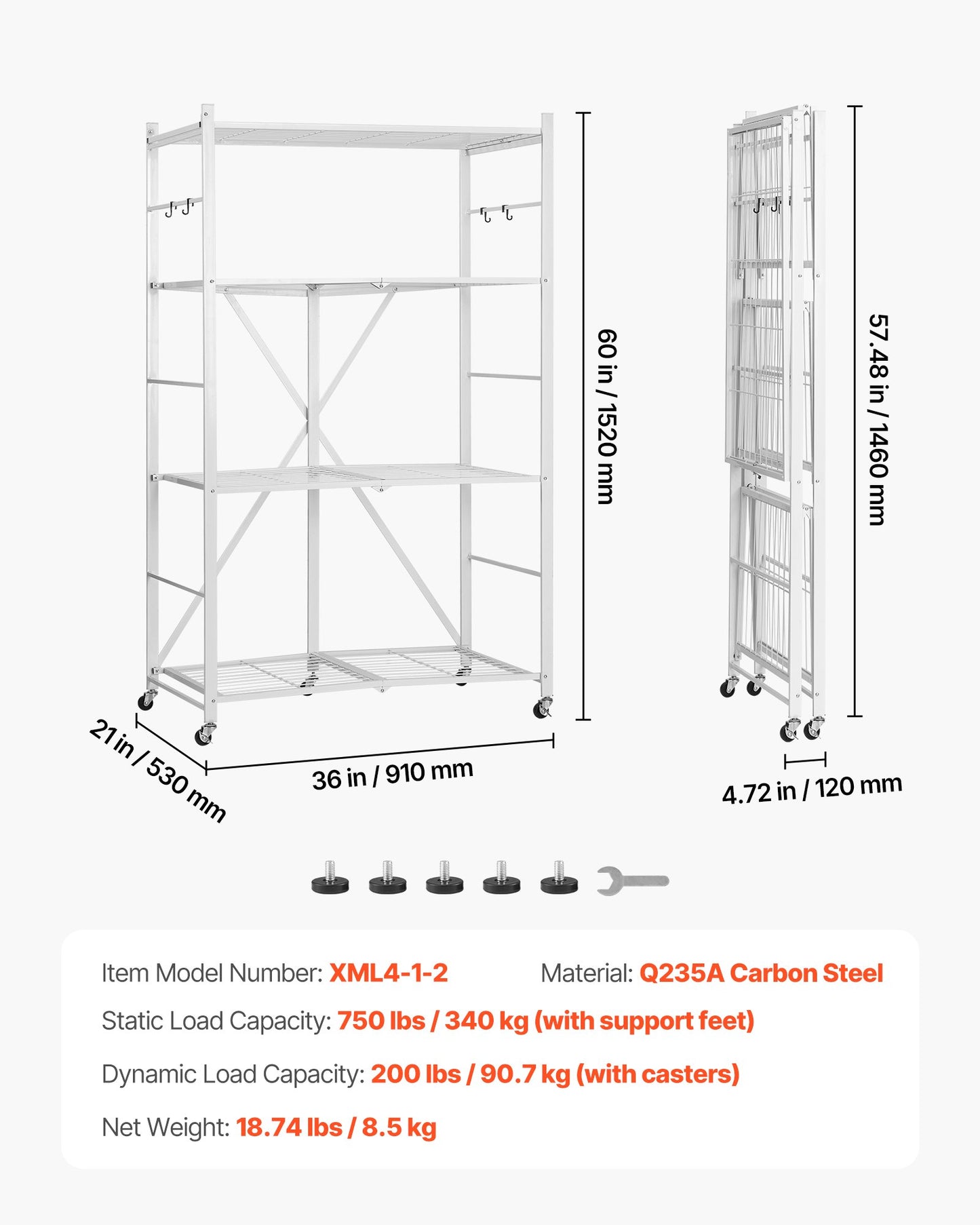 Hopfällbar förvaringshylla med 4 våningar, 36B x 21D x 60 H tum, hopfällbar metallhylla, organiseringshylla utan montering med 5 hjul och 4 krokar för skafferi, kök, garage, källare, vit