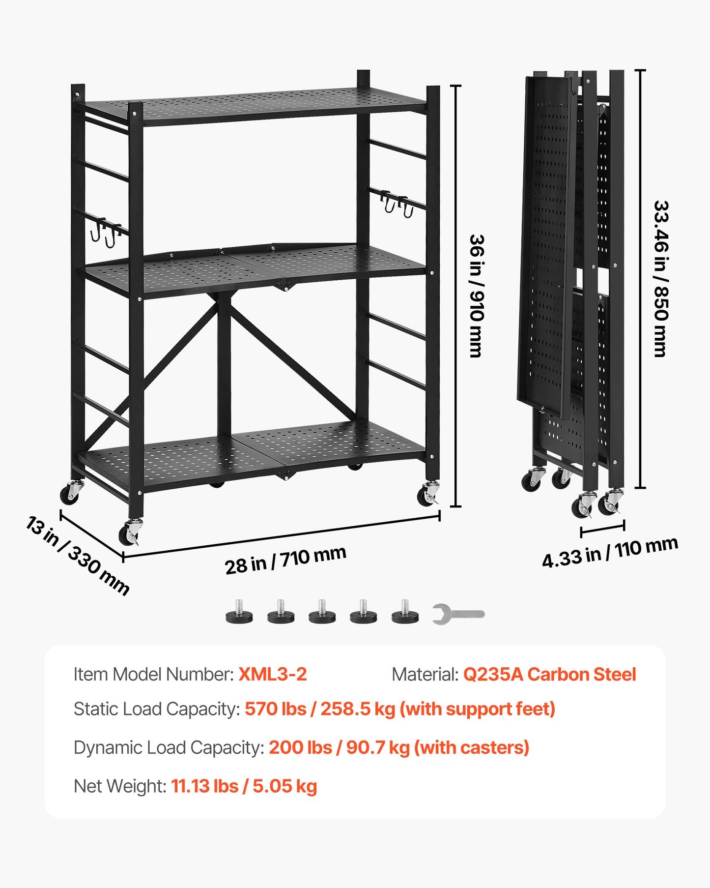 3-Tier Foldable Storage Shelf, 28W x 13D x 36H Inch Folding Metal Rack Shelving Unit, No Assembly Organizer Shelf with 5 Wheels & 4 Hooks for Pantry, Kitchen, Garage, Basement, Black