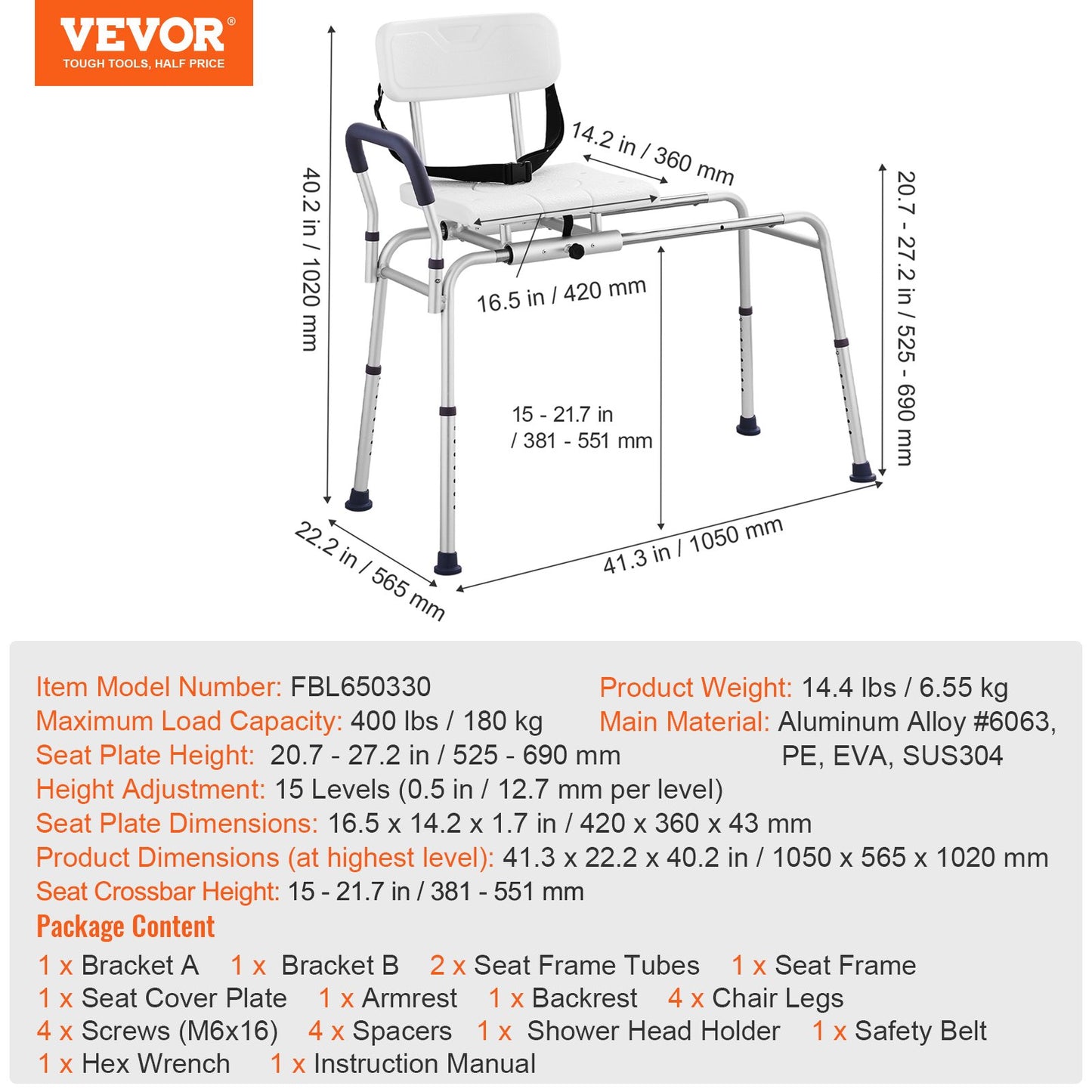 Sliding Tub Transfer Bench, Height Adjustable Bathtub Transfer Bench with Cut-Out Seat, Reversible Backrest & Safety Belt, Non-Slip Shower Chair for Elderly Disabled Handicap, 400LBS Capacity