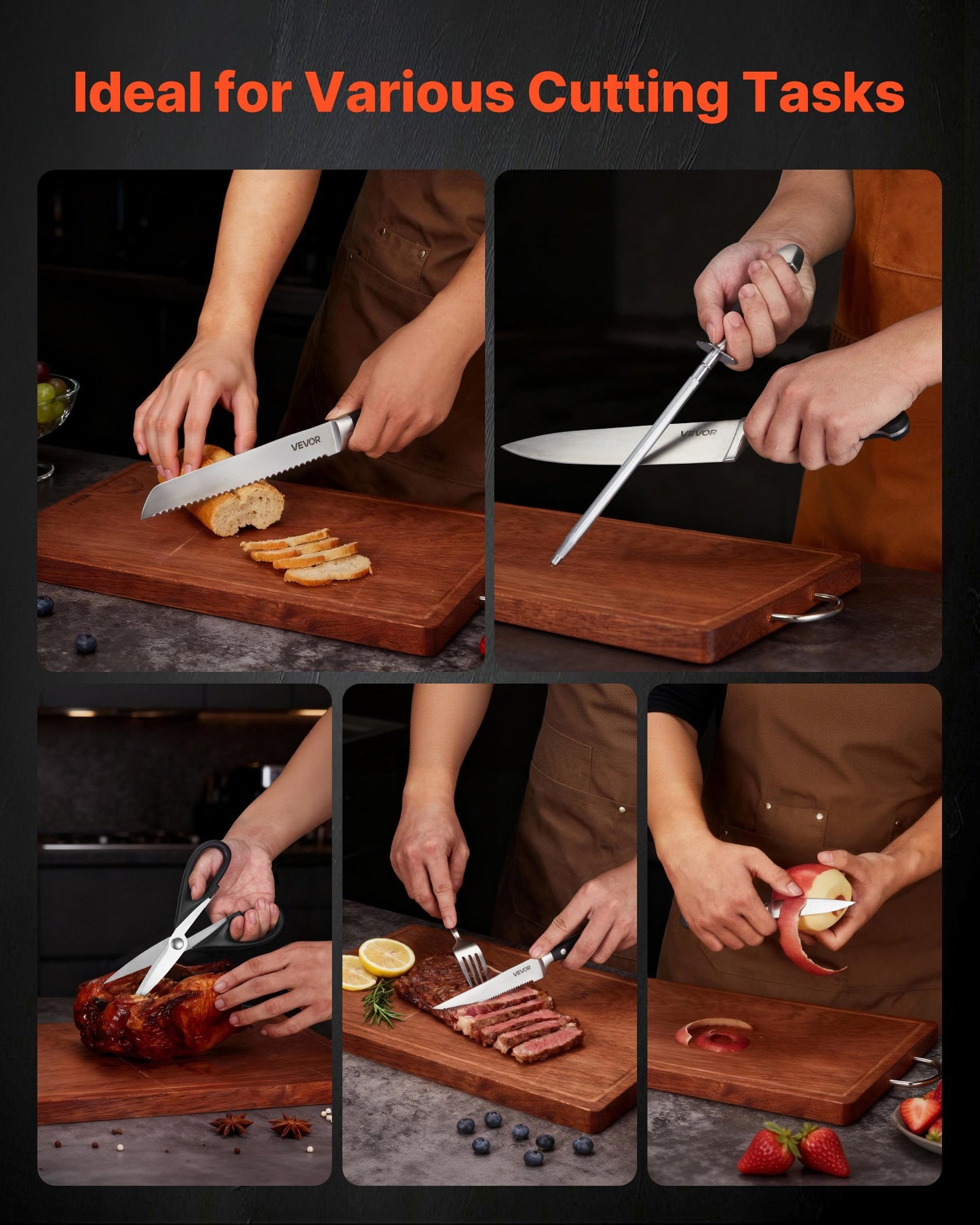 Kitchen Knife Set with Block and Sharpener, 15 Piece High Carbon Stainless Steel Sharp Knife Set, Kitchen Cutlery with Crack-Resistant Handle, Sharpening Rod and Wooden Block, for Home Cooks