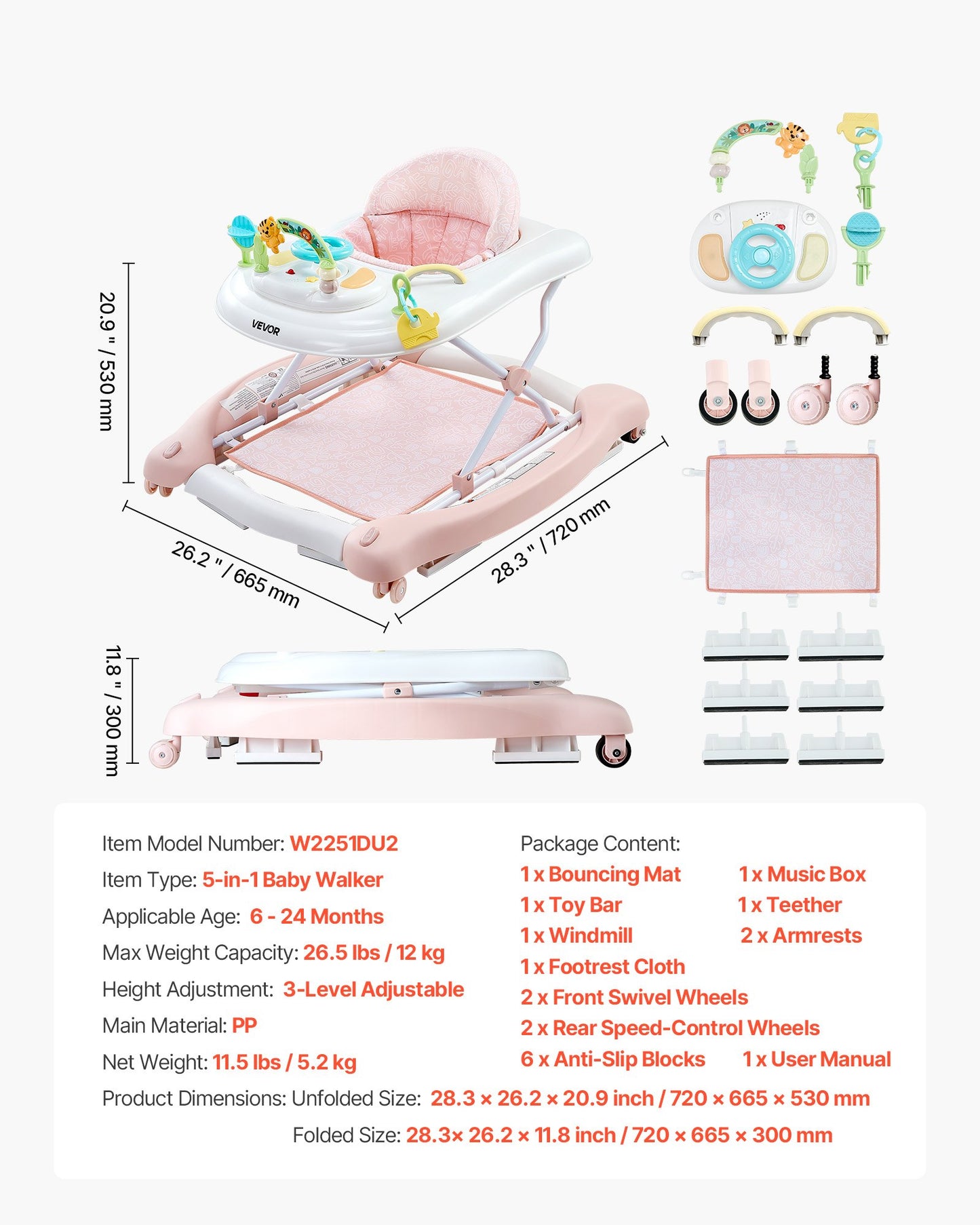 5-in-1 Baby Walker, Folding Baby Activity Center on Wheels, Height Adjustable Rocker Bouncer Walker with Comfortable High-Back Seat, Anti-Rollover Toddler Walking Helper for 6-24 Month Boy Girls