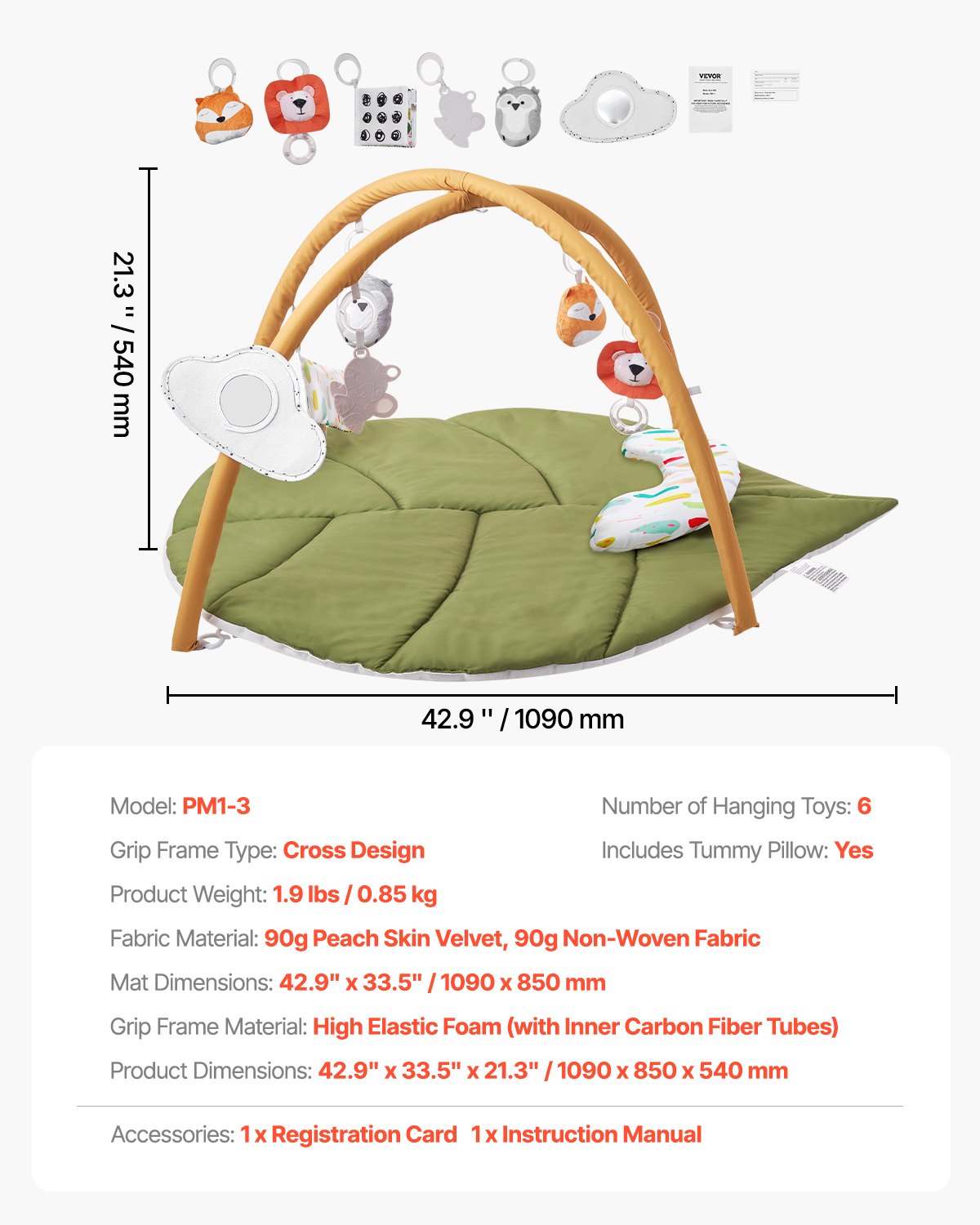 Baby Play Gym Mat, Baby Activity Mat with 6 Sensory Toys, Oversize Leaf-Shaped Tummy Time Mat for 0-18 Months Newborn Infant, Baby Essential Gift for Motor Skills & Early Cognitive Development