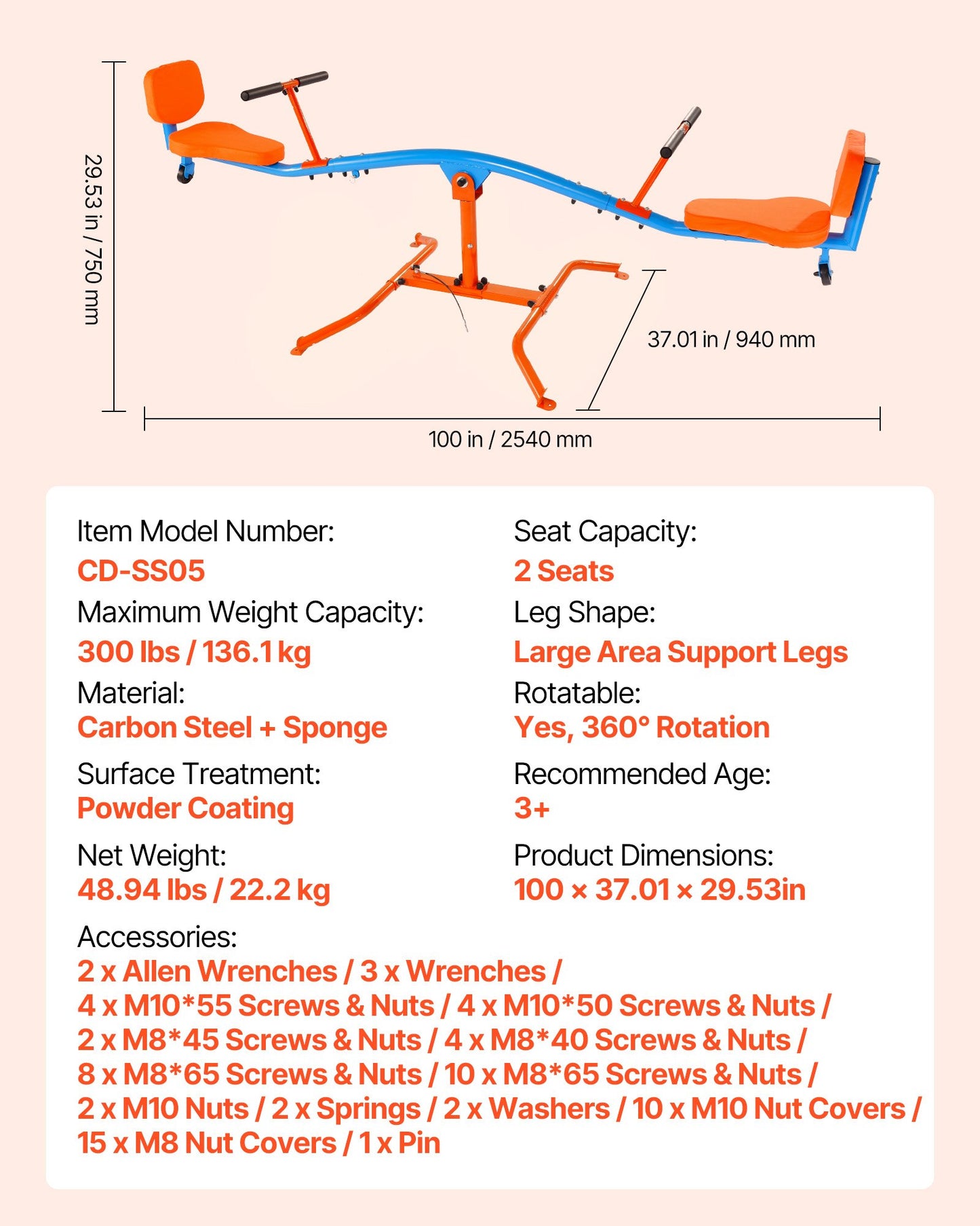 Barngunga, 136 kg lastkapacitet, gungbräda med greppvänliga handtag, utomhuslekplatsutrustning för barn, utomhusleksaker, vridbar 360 grader för barn från 3 år