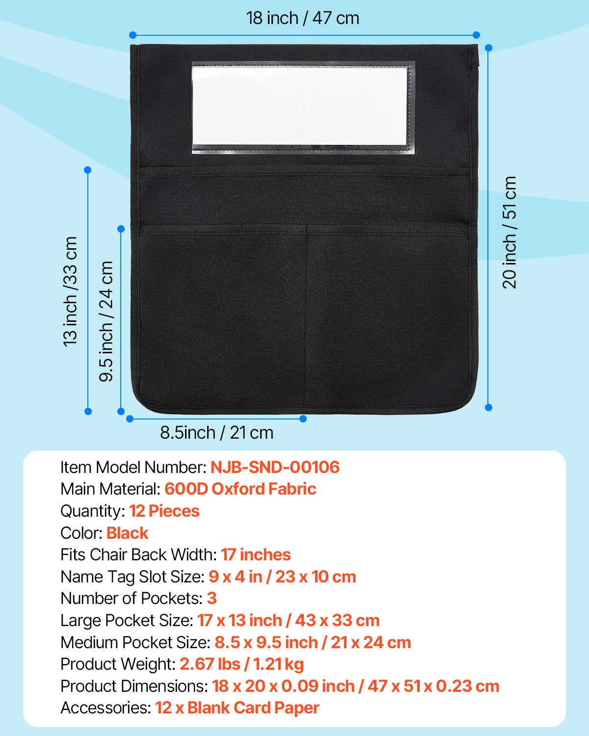 Chair Pockets for Classroom, 12 Pack, 18 x 20 Inches Chairback Buddy Pocket with Name Tag, Back of Chair Organizer for Kids in Classroom, Kindergarten, School, and Home, Black