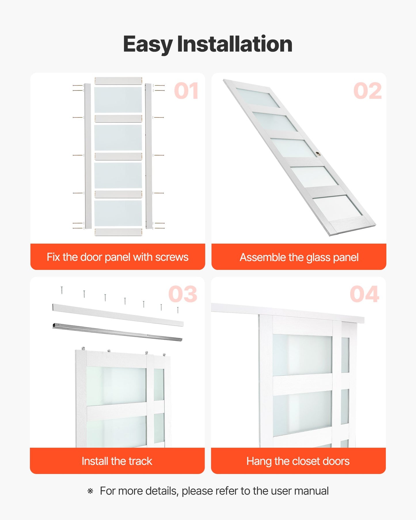 Skjutdörr till garderob, 1219 mm (dubbel 635 mm) x 2032 mm, 5-liters frostat glas med bypass-skjutdörrar och beslag, massivt trä och MDF-skiva med vattentät PVC-yta för garderober i sovrum