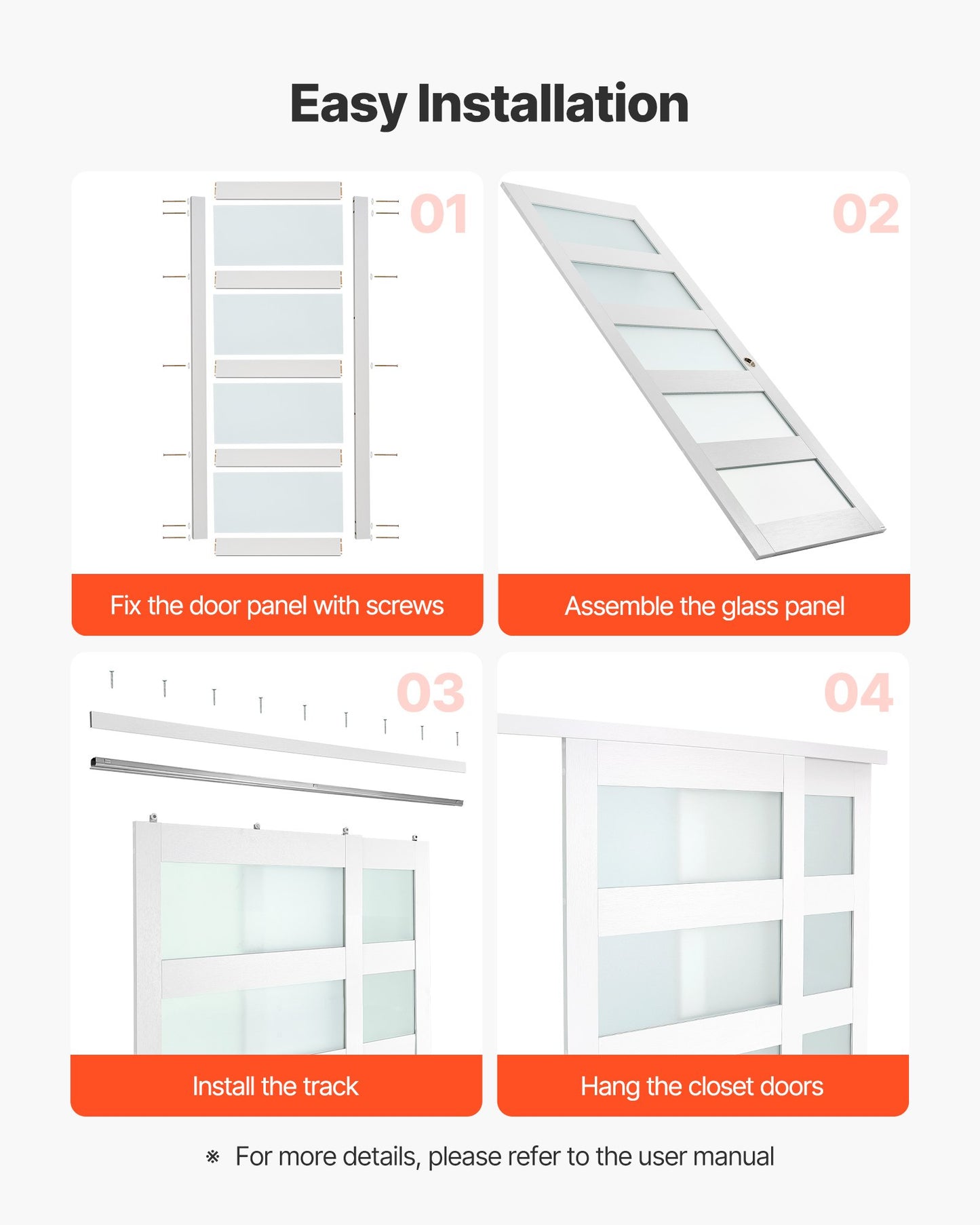 Sliding Closet Door, 1524mm (Double 787mm) x 2032 mm, 5-Lite Frosted Glass Bypass Sliding Doors with Hardware Kit, Solid Wood & MDF Slab with Water-Proof PVC Surface for Closets Bedrooms