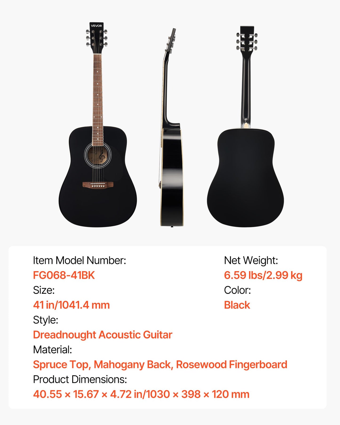 41 in / 1041.4 mm Dreadnought Acoustic Guitar Beginner Bundle for Adult Taller Black