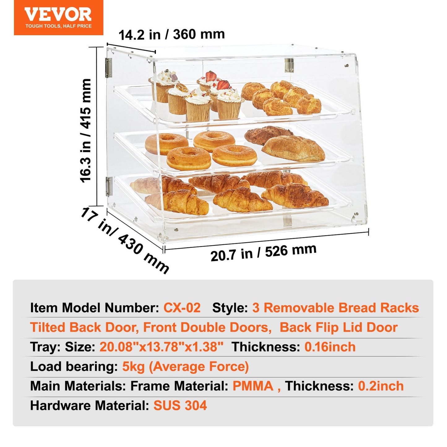 Bakverksdisplay, 3-våningars kommersiell bageridisplay för bänkskiva, akryldisplaylåda med bakdörr och avtagbara hyllor, håller färskheten för munkbagels, kaka, 52,6 x 36,1 x 41,4 cm