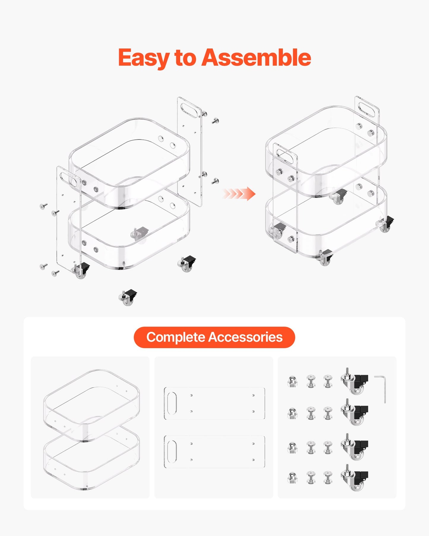 Acrylic Table with Wheels, 2 Tiers Mobile Cart Table, Modern Rolling Acrylic Storage Desk, Clear Nightstand Side End Desk, for Living Room, Bedroom, Bar, Office, 30.5 x 41.6 x 48 cm (Clear)