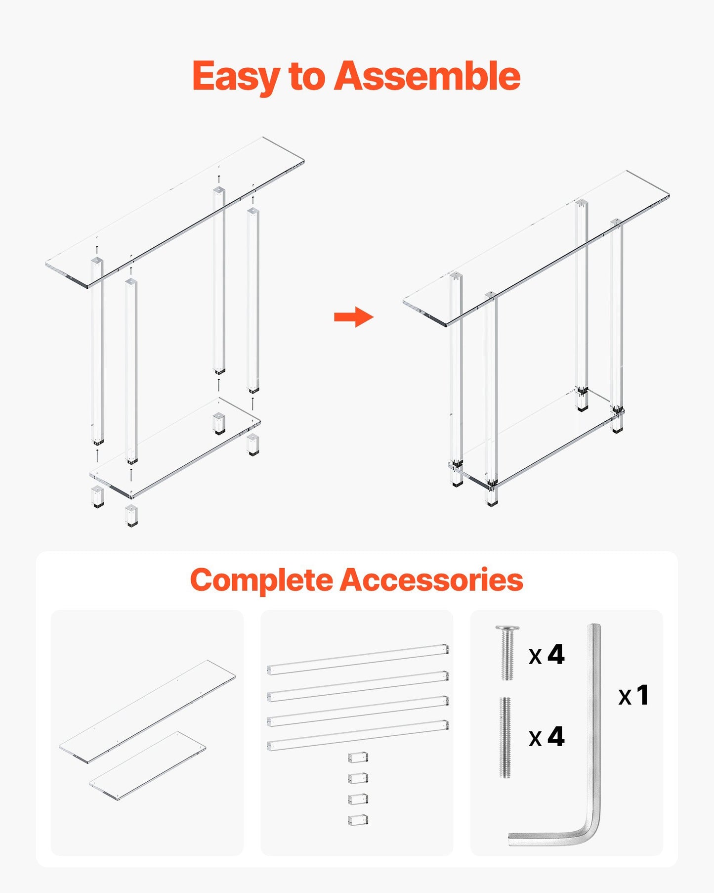 Akrylkonsolbord, 2 våningar smalt sidobord med öppen förvaring i botten, modernt rektangulärt sidobord i akryl, transparent entrébord för foajé, hall, vardagsrum, 19,3 x 100 x 80 cm (transparent)