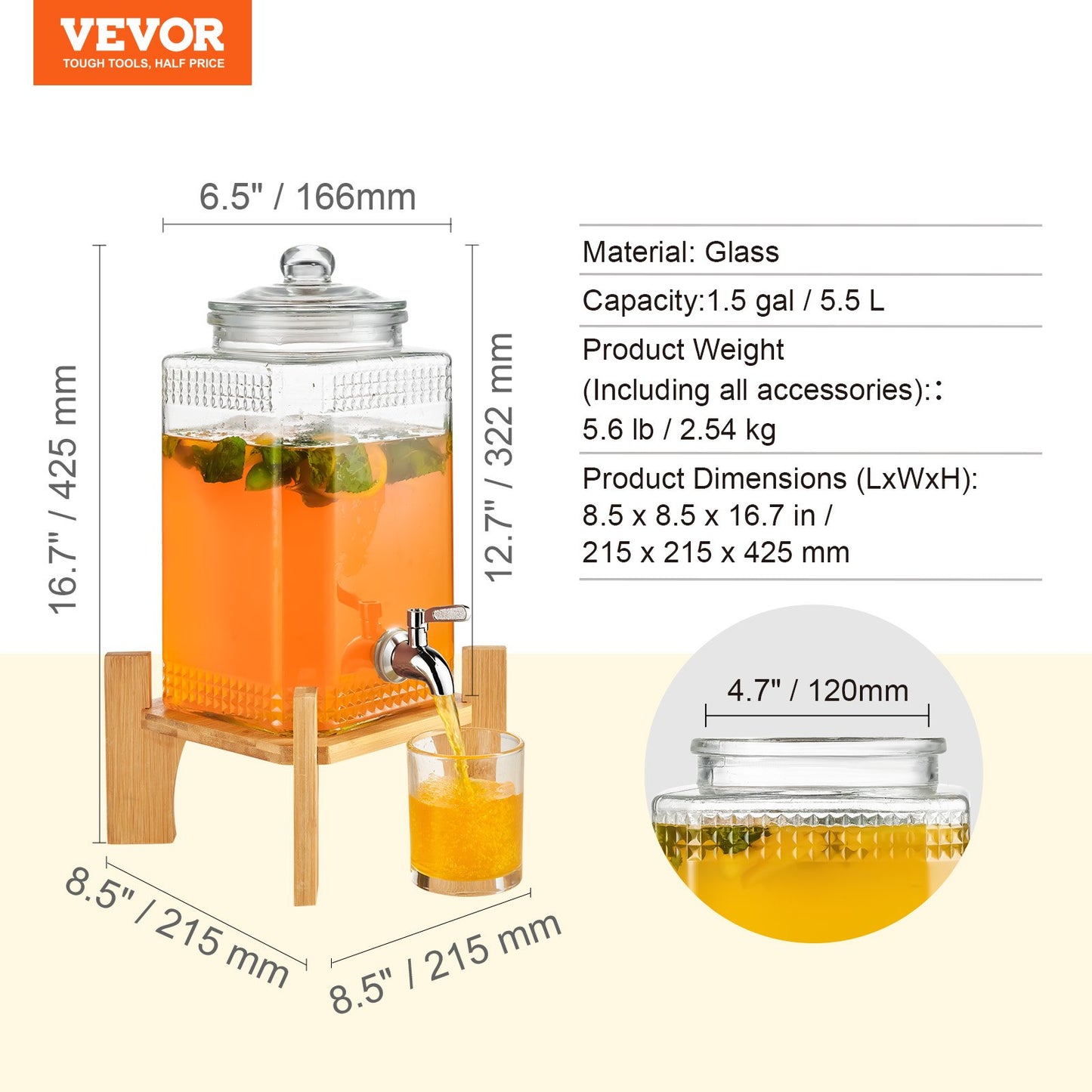 Beverage Dispenser, 1.5 Gallon/5.5 L Drink Dispensers for Parties, Glass Juice Dispenser with Stand, Stainless Steel Spigot, Iced Tea Lemonade Juice Water Dispenser, for Restaurants, Hotels, Parties