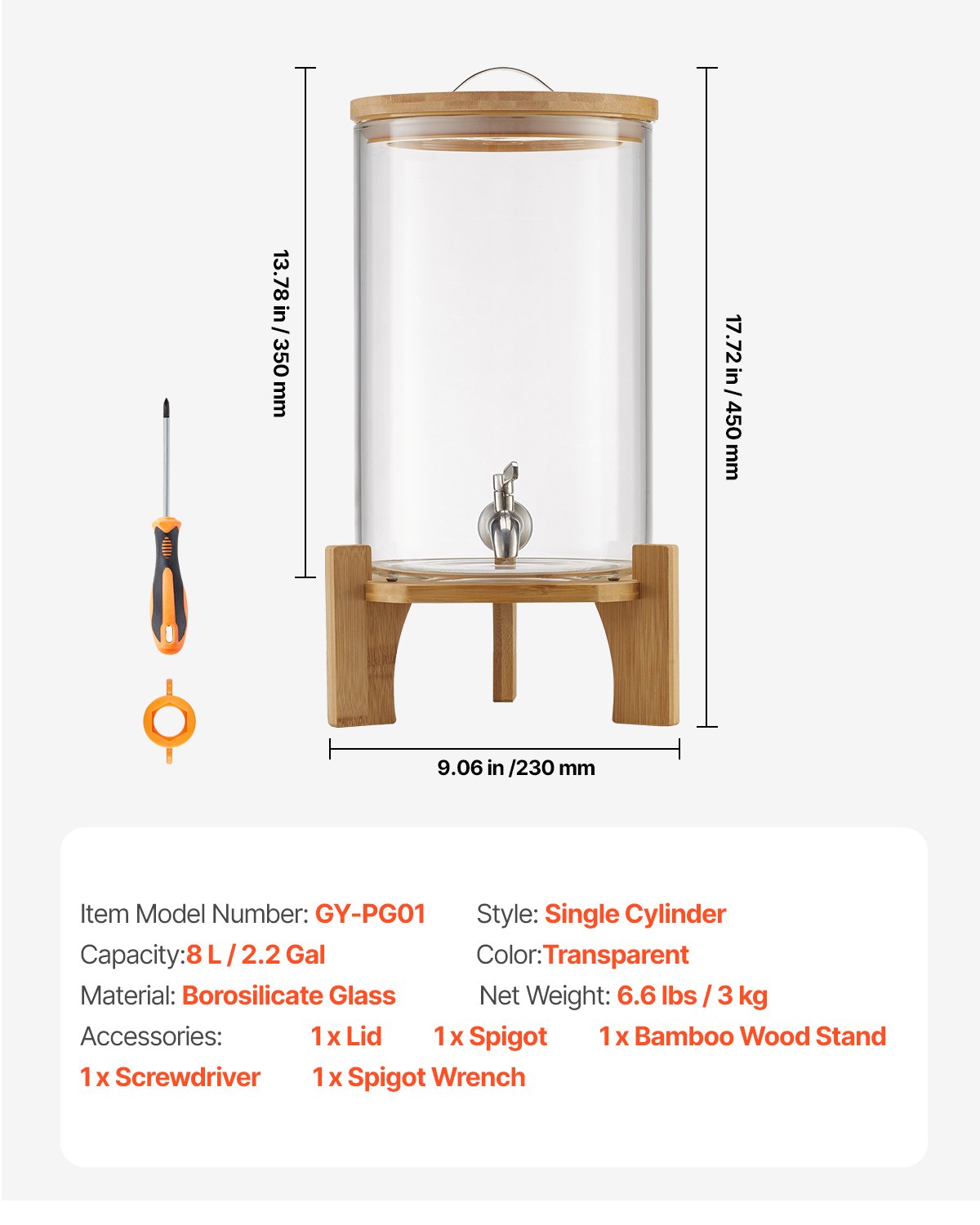 Beverage Dispenser, 8L Drink Dispensers for Parties, Glass Juice Dispenser with Wood Stand, Stainless Steel Spigot, Iced Tea Lemonade Juice Water Dispensers for Parties