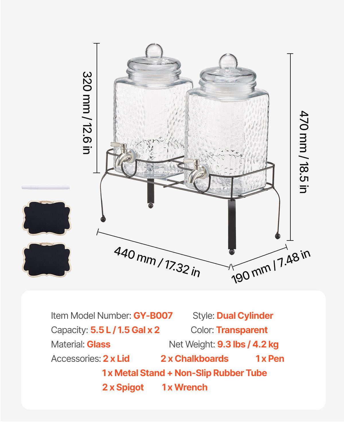Beverage Dispenser, 2 Pack 5.5L Drink Dispensers for Parties, Glass Juice Dispenser with Metal Stand, Stainless Steel Spigot, Iced Tea Lemonade Juice Water Dispensers for Parties
