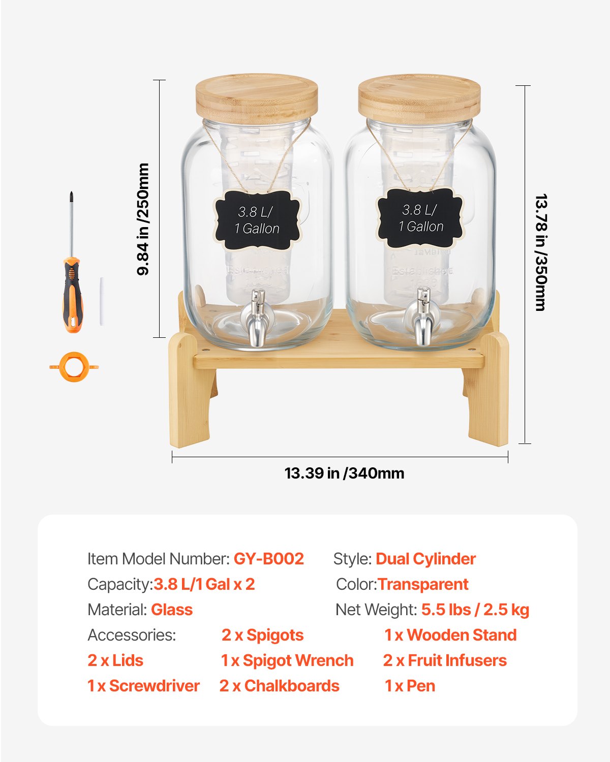 Beverage Dispenser, 2 Pack 3.8L Drink Dispensers for Parties, Glass Juice Dispenser with Wood Stand, Stainless Steel Spigot, Infuser, Iced Tea Lemonade Juice Water Dispensers for Parties
