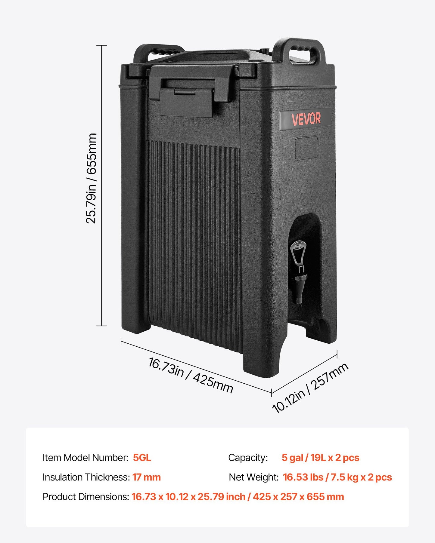 Isolerad dryckesdispenser, 19 liter/5 gallon för varma och kalla drycker med kran och handtag, livsmedelsklassad termisk dryckesdispenserkylare för te, kaffe, vatten på kaféer och restauranger, 2-pack, svart