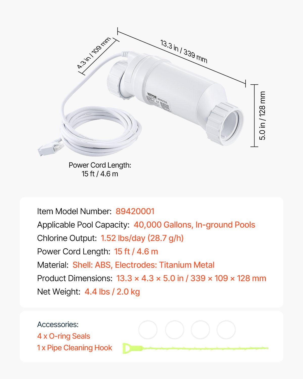 Salt Water Chlorinator System, Pool Chlorination Cell Fits for Hayward W3T-Cell-15 (T15), Pool Cell Salt Water System for In-Ground Swimming Pools up to 40,000 Gallons, 15 ft Power Line, White