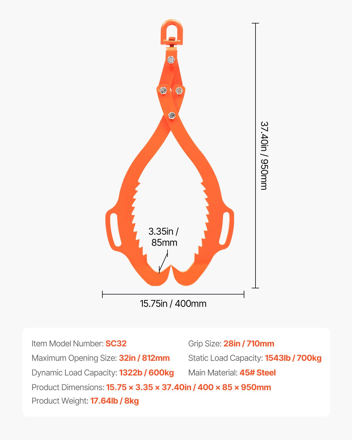 32in Log Lifting Tongs, 2-Claw Log Tongs, Heavy Duty Steel Log Grapple, 1543LBS Lifting Capacity, Swivel Log Graper Timber, Eagle Claw Design, Log Skidding Tongs for Trucks, Tractors, Forklifts