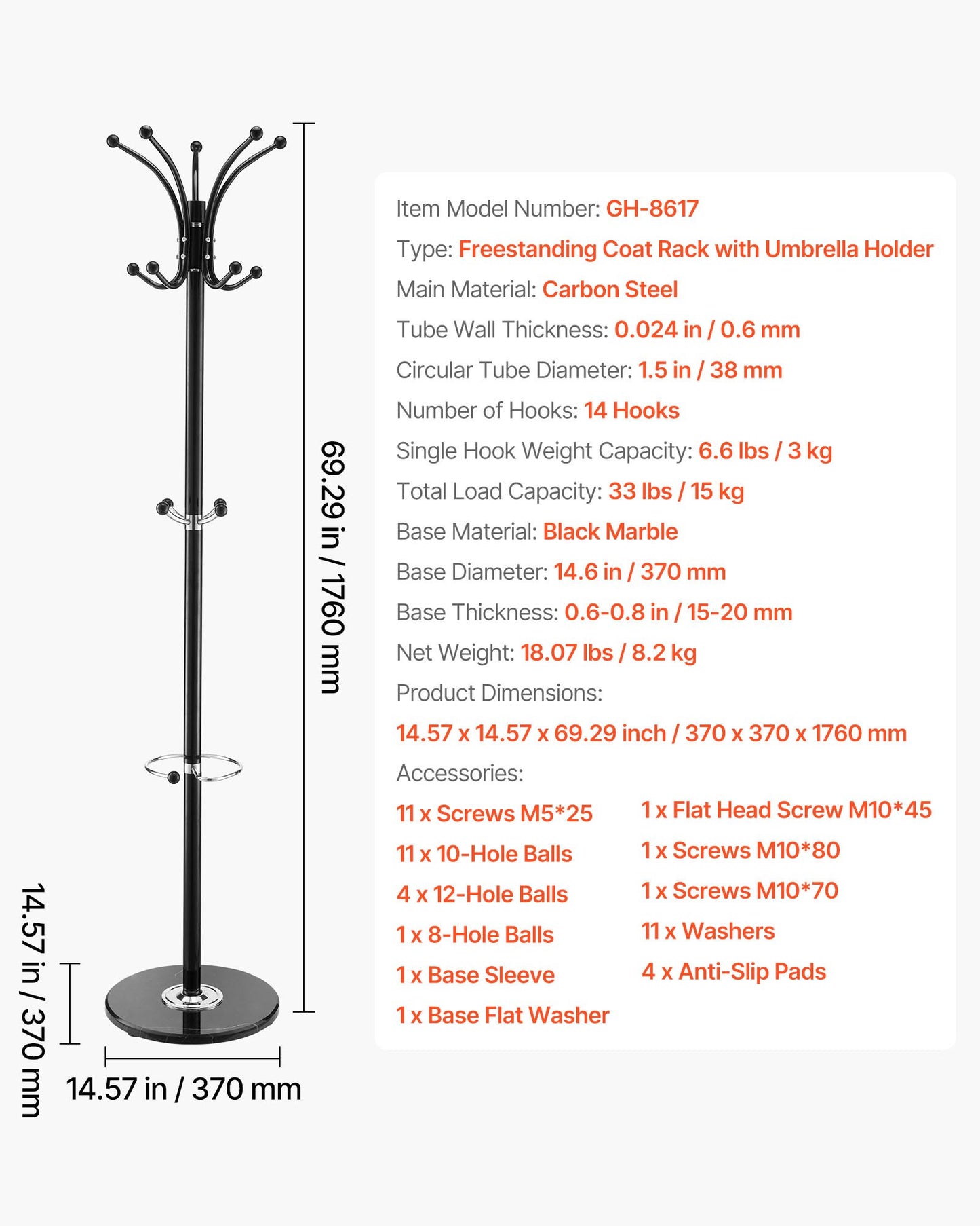 Fristående klädhängare, metallklädhängare med paraplyhållare, stabil marmorbas och 14 krokar, hallklädhängare för entré, sovrum, vardagsrum, snygg klädhängare för hattar, halsdukar, väska