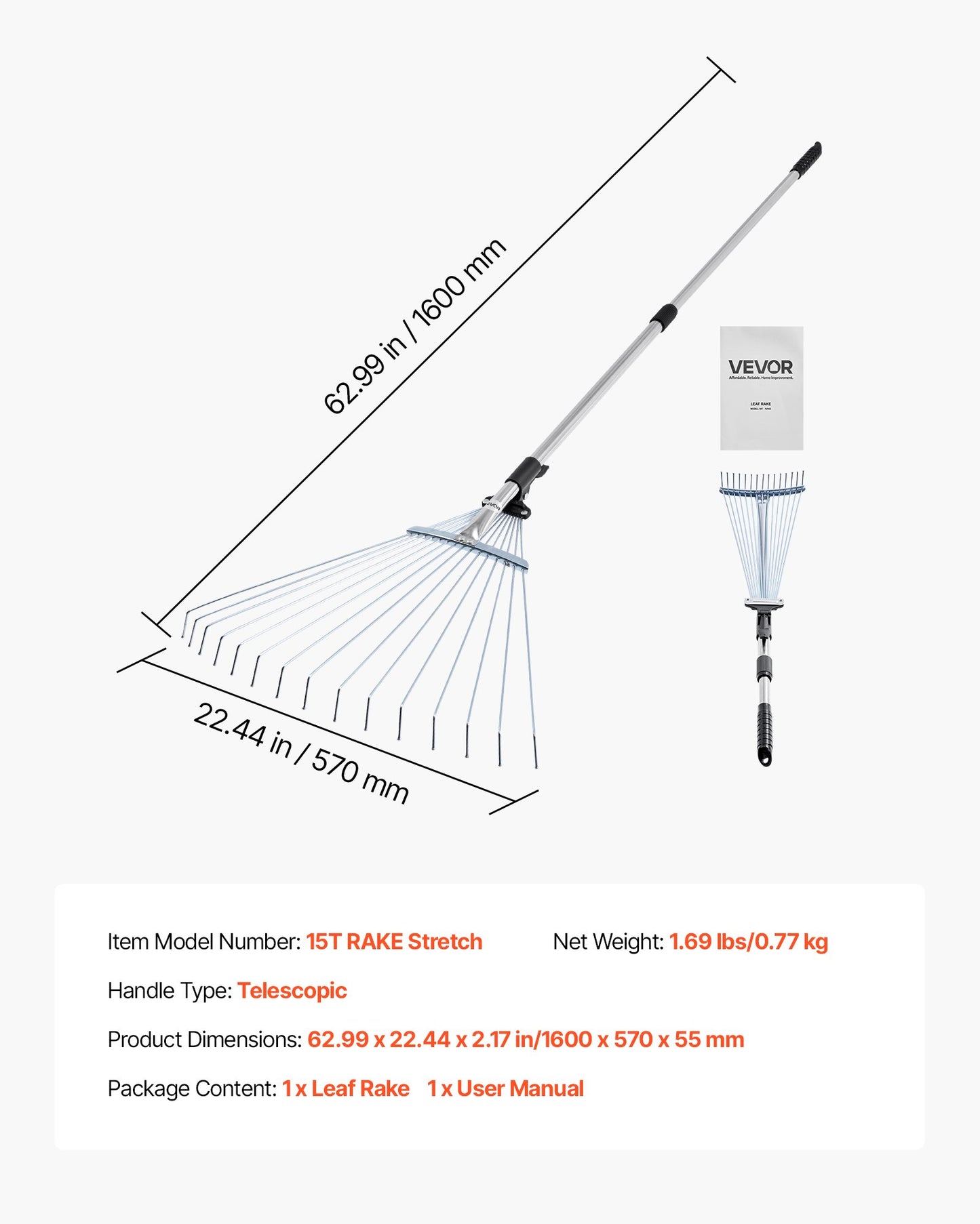 Leaf Rake, 15 Metal Tines, Adjustable Garden Rake for Lawns with 19-57 cm Wide Head and 81.3-160 cm Long Handle, Heavy Duty Stainless Steel Small Leaves Tool for Gardening Camping Yard Grass