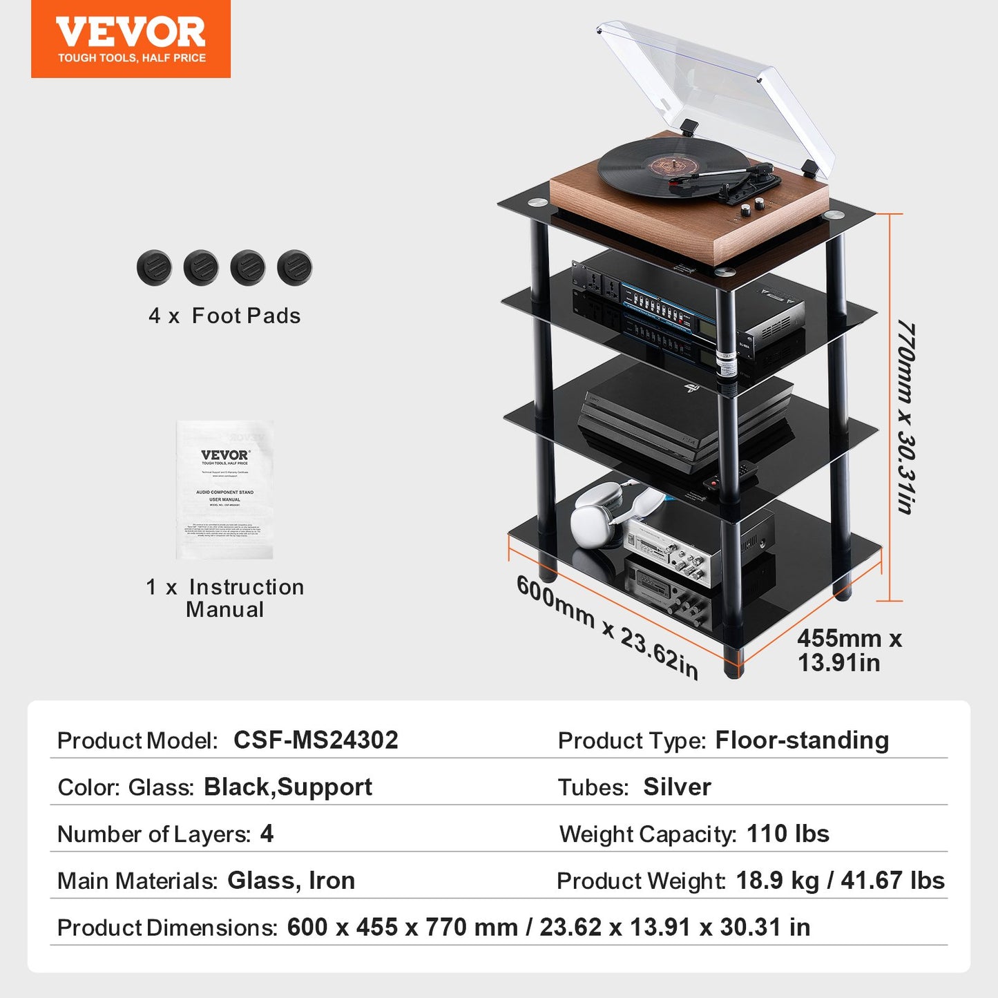 4-Tier AV Media Stand, Audio/Video Stand with Strengthened Tempered Glass Shevles for DVD/Cable Boxes/Games Consoles, Media Storage Cabinet for Gaming/Recording Room