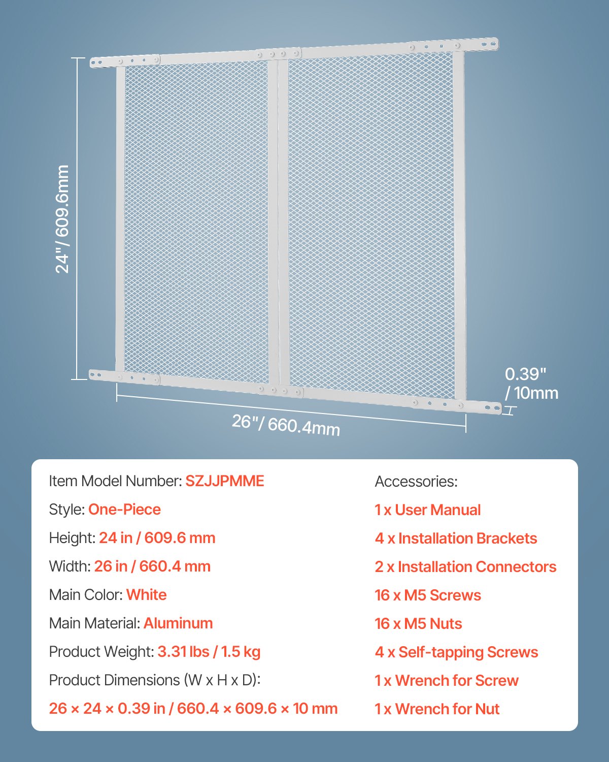 Skydd för husbilsdörr, 660,4 x 609,6 mm dörrgaller, enkel att installera och demontera, förstärkt andningsbart skyddsnät, aluminiumlegering, ingångsskydd för husdjur, vit