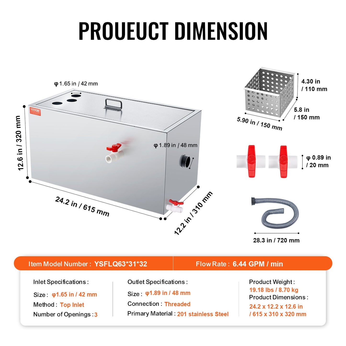 Commercial Grease Trap, 11.3 kg Grease Interceptor, Top Inlet Interceptor, Under Sink Stainless Steel Grease Trap, 6.4 GPM Waste Water Oil-water Separator, for Restaurant Canteen Home Kitchen