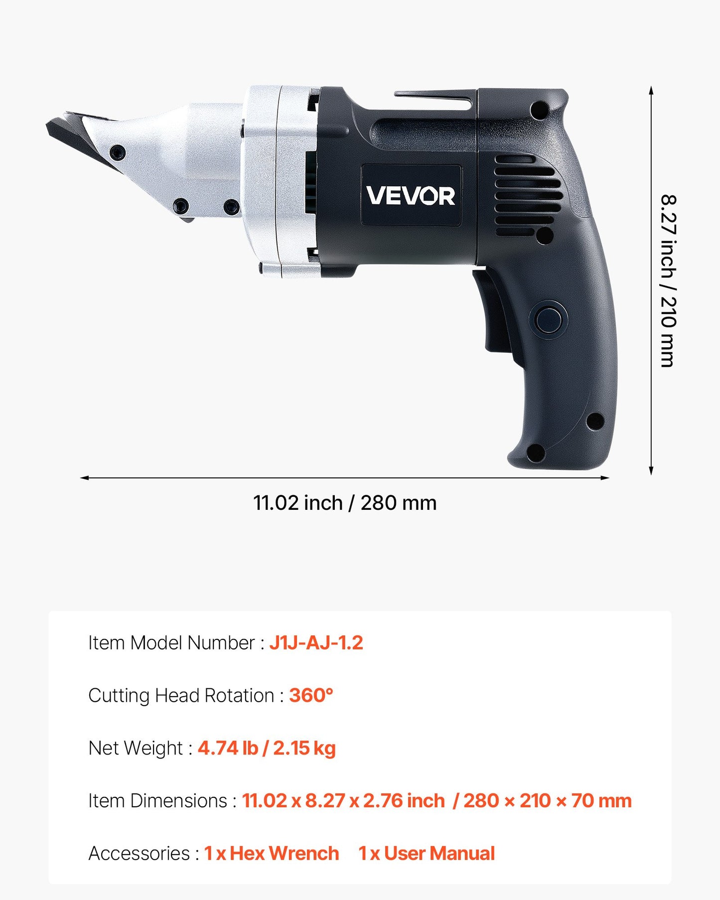 Electric Metal Shear, 4.0-Amp Corded Sheet Metal Cutter with 360-Degree Swivel Head, Variable Speed, Continuous Cutting, Clean Cut for 1.22 mm Galvanized Steel, 1 mm Stainless Steel, 2500 SPM