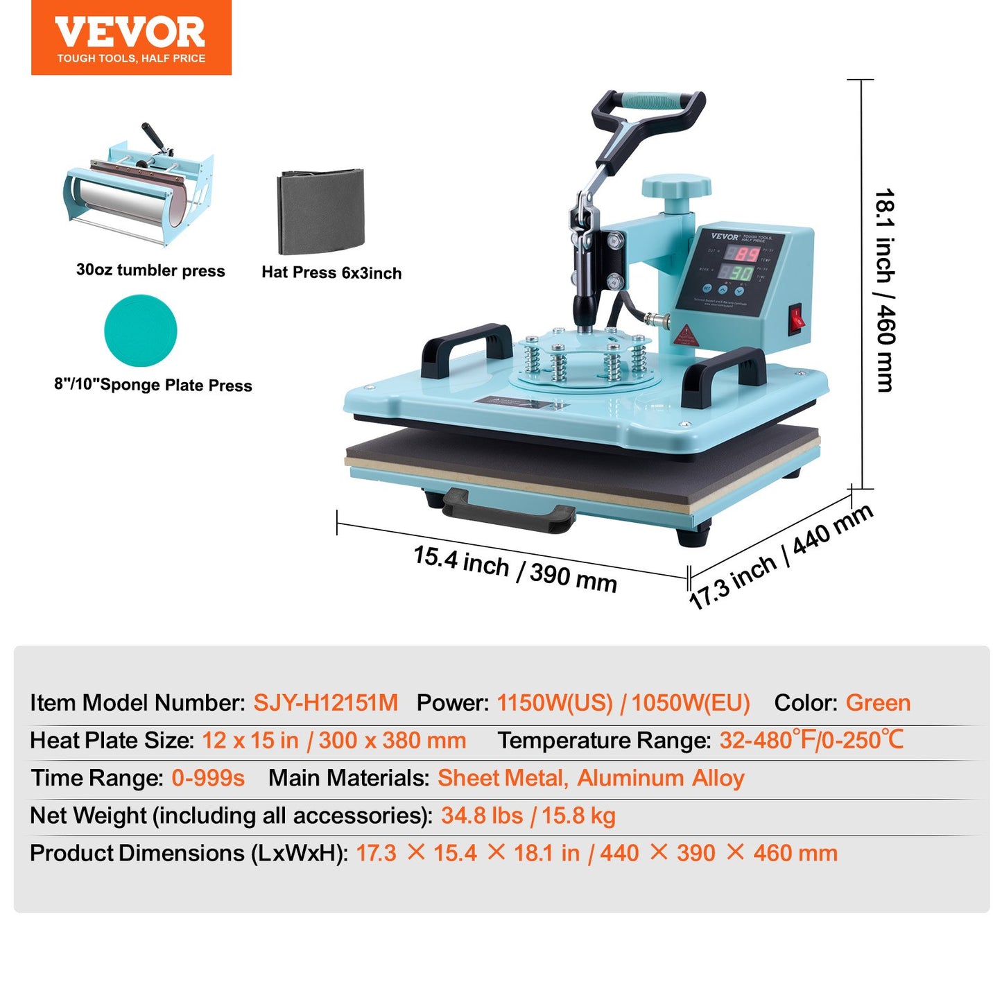 Värmepressmaskin, 30 x 15 tum, 5-i-1 värmeöverföringsmaskin med 940 ml tumlarpress, 360° svängbar T-shirtpressning, digital precisionskontroll, för T-shirts/muggar/hattar/tallrikar, grön
