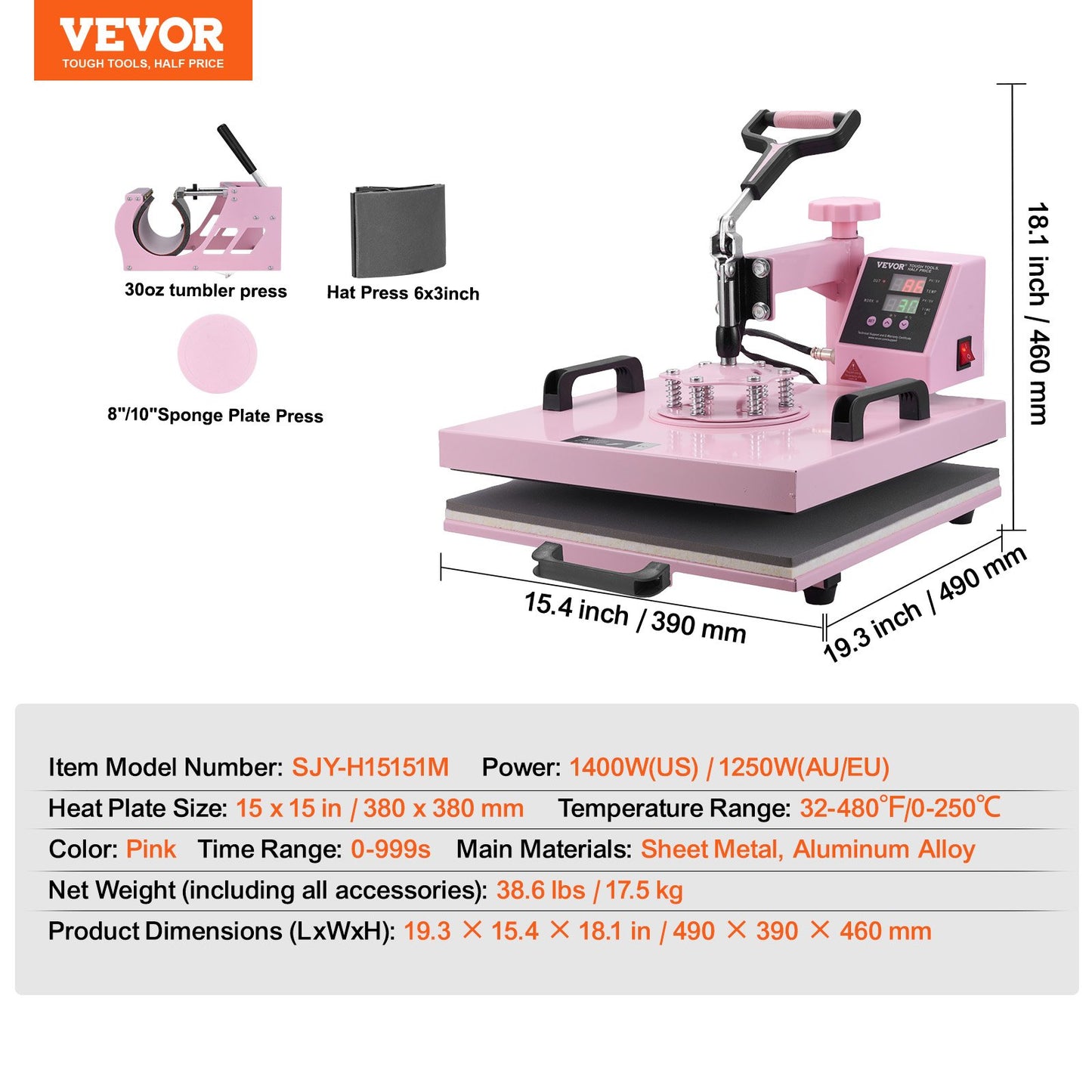 Heat Press Machine 38x38 cm 5 in 1 with 850.5 g Tumbler Press T-Shirts Pink