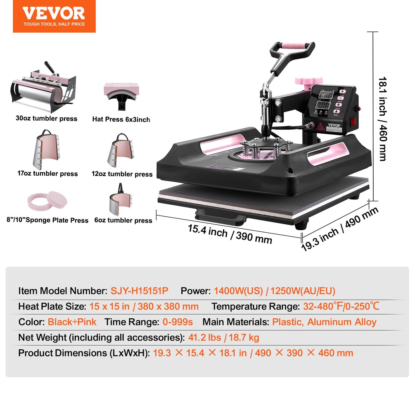 8 in 1 Heat Press Machine 38x38 cm 850.5 g Tumbler Press T-Shirts Black