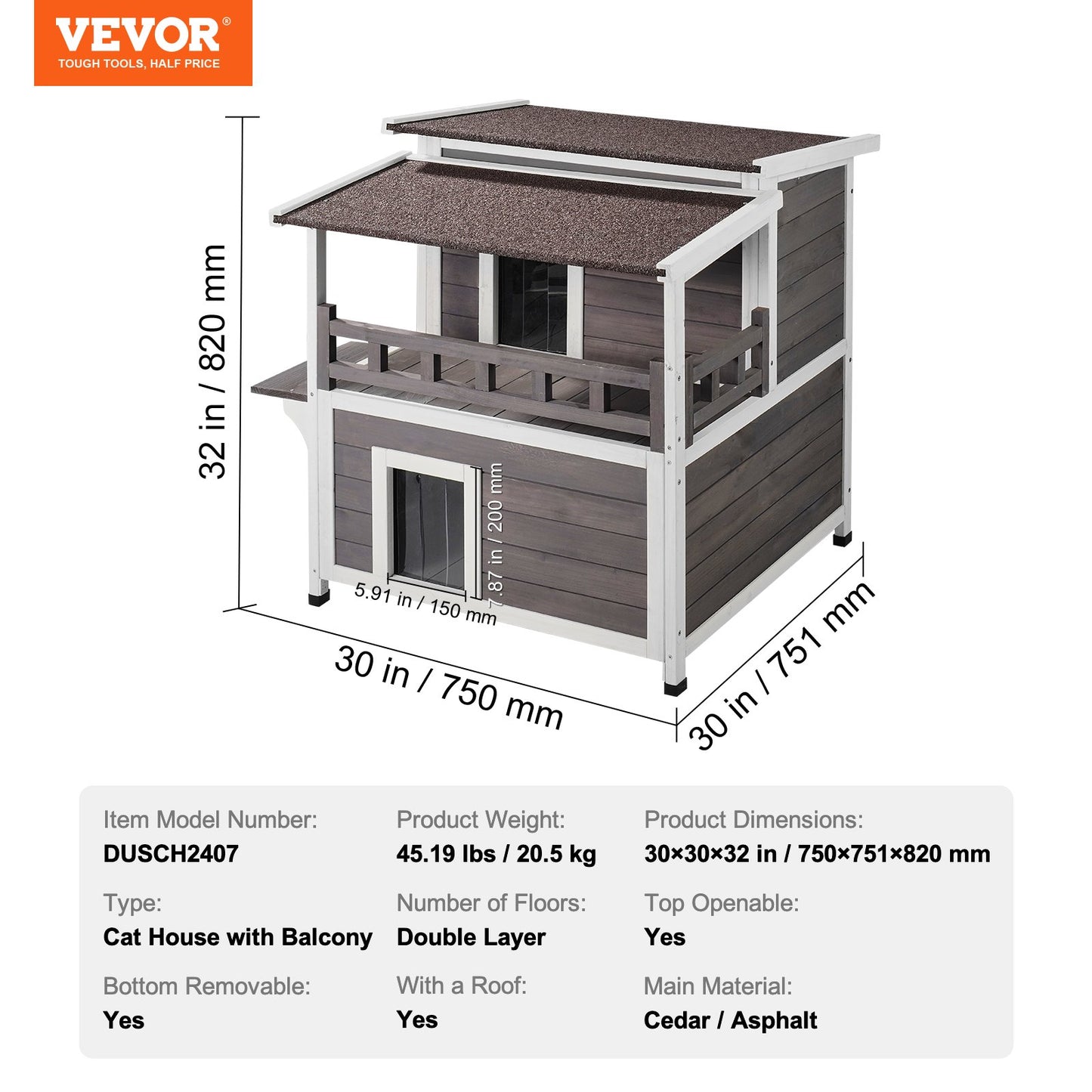 Outdoor Cat House Weatherproof, Feral Cat Shelter for Multiple Cats, 2-story Large Outdoor Wooden Cat House with Balcony, Doors, PVC Door Flaps and Open Roof, 30"L x 30"W x 32"H