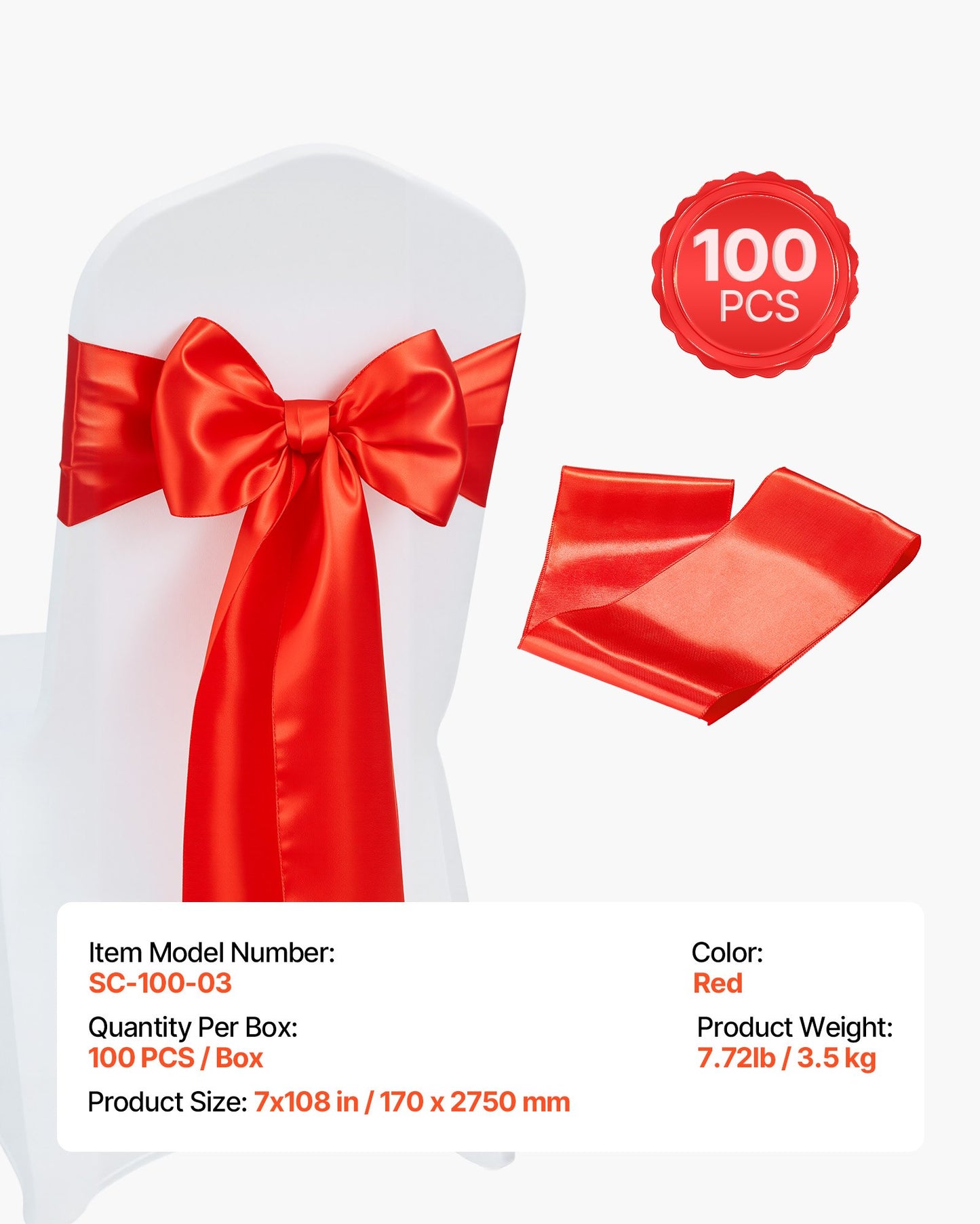 Satin Chair Sashes Bows, 100PCS Chair Ribbon Ties Back Sash, 7 x 108 inch, Red Wedding Reception Decoration, for Wedding Ceremony Baby Shower Party Events Banquet Chair Cover Decoration