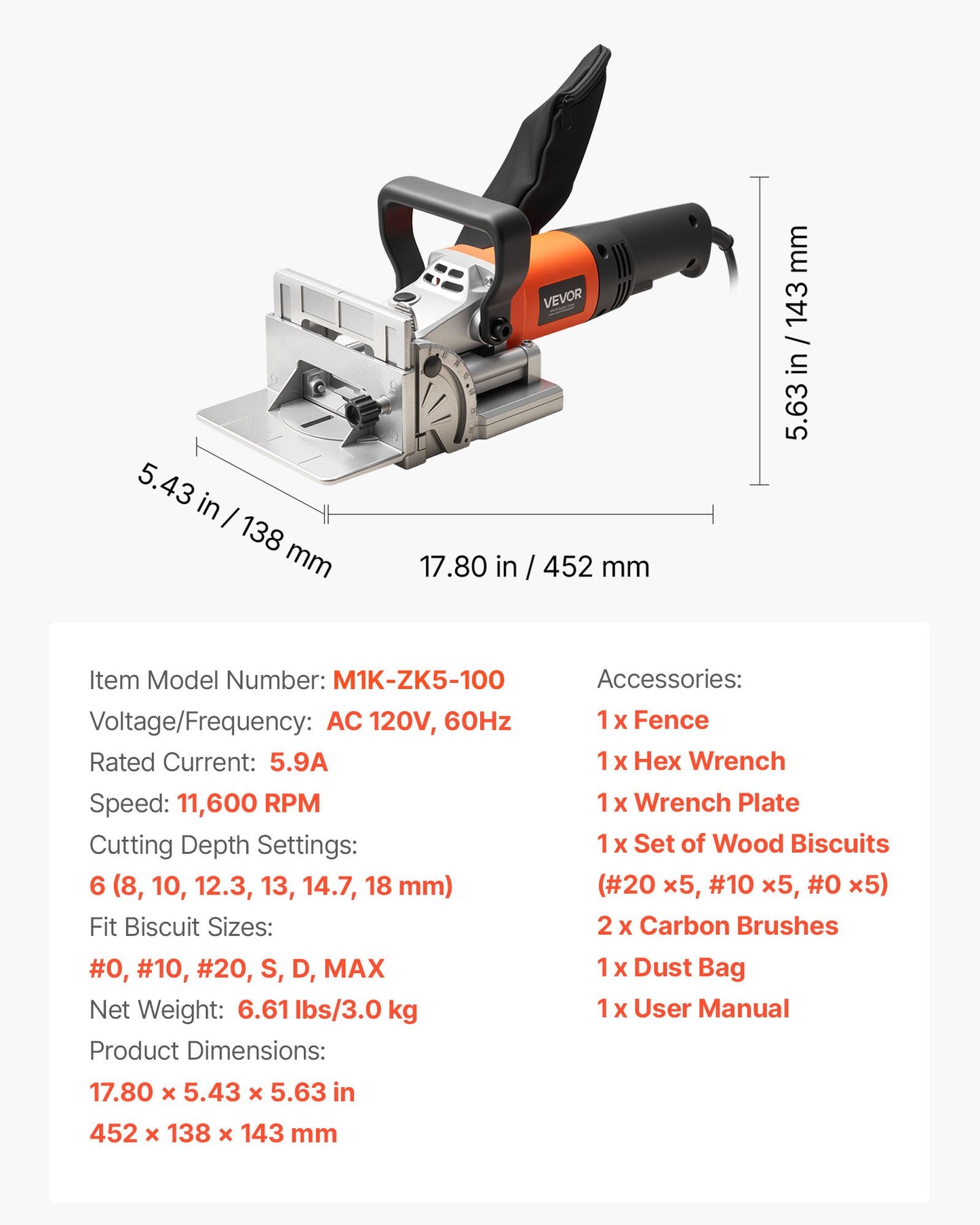 Biscuit Plate Joiner, 5.9A, Plate Joiner Tool Kit with 11,600 RPM 760W Motor, 45-Degree Locating Notch, Carbide Tipped Blade, Wood Biscuits, Dust Bag, Adjustable Angle & Depth, for Woodworking
