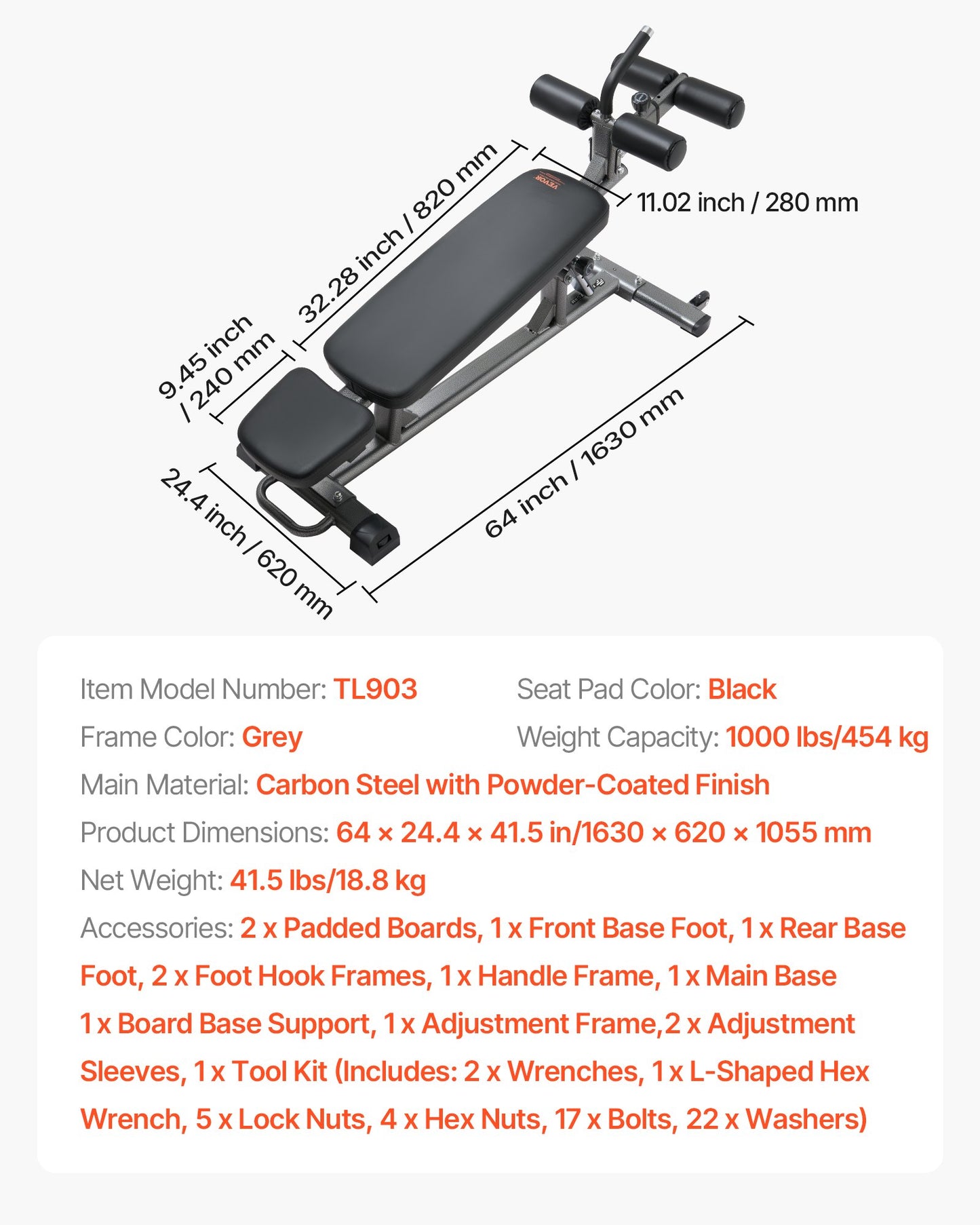 Sit Up Bench, Decline Ab Bench with Reverse Crunch Handle, with 4 Adjustable Height Settings, Heavy Duty Steel, 453 Kg Capacity, for Home Gym Workouts, Strength Training, Full Body Muscles