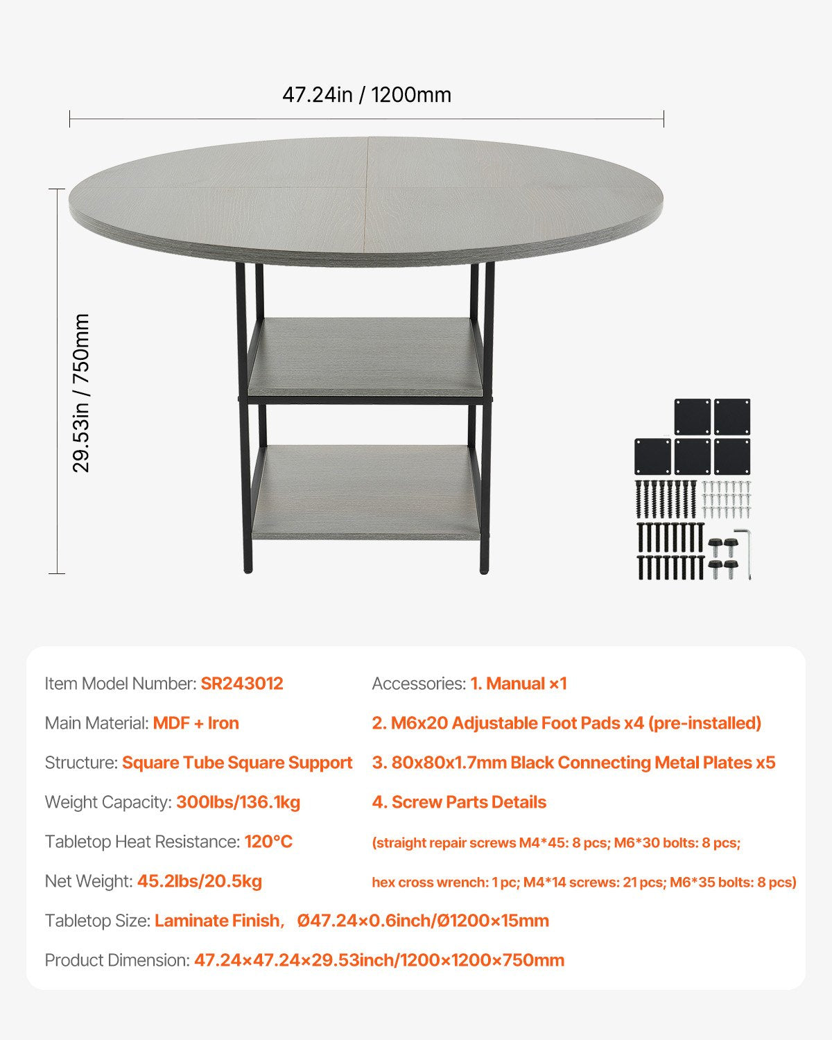 Runt matbord, 47 tums träbord för 4-6 personer, moderna runda middagsmöbler, fritidsbord med förvaringshylla och metallben, för hemkök/vardagsrum, grått (endast bord)