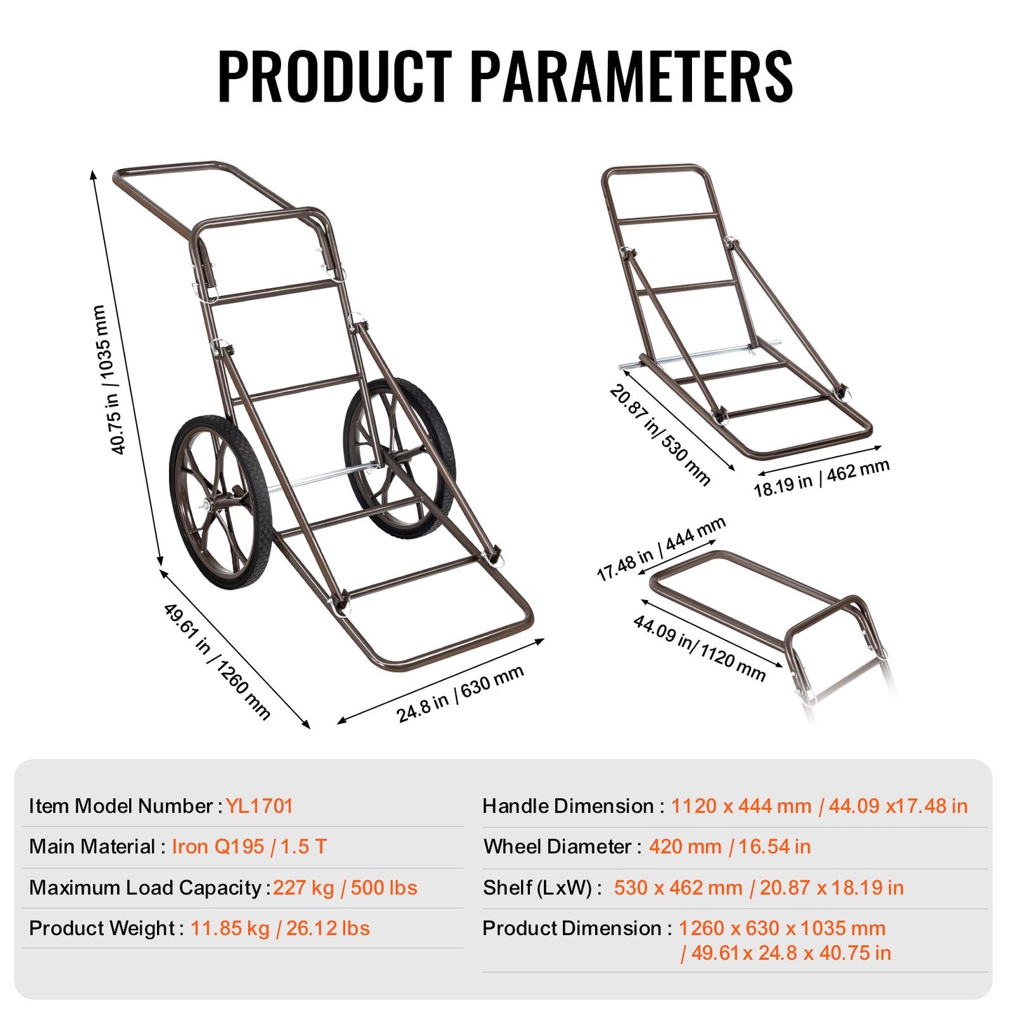 Deer Cart, 500 LBS Capacity Folding Game Cart, Deer Cart Game Hauler with 17" Big Rubber Wheel & Ergonomic Handle, Heavy-Duty Game Cart Accessories, Utility Gear Dolly for Hunting Fishing Hiking